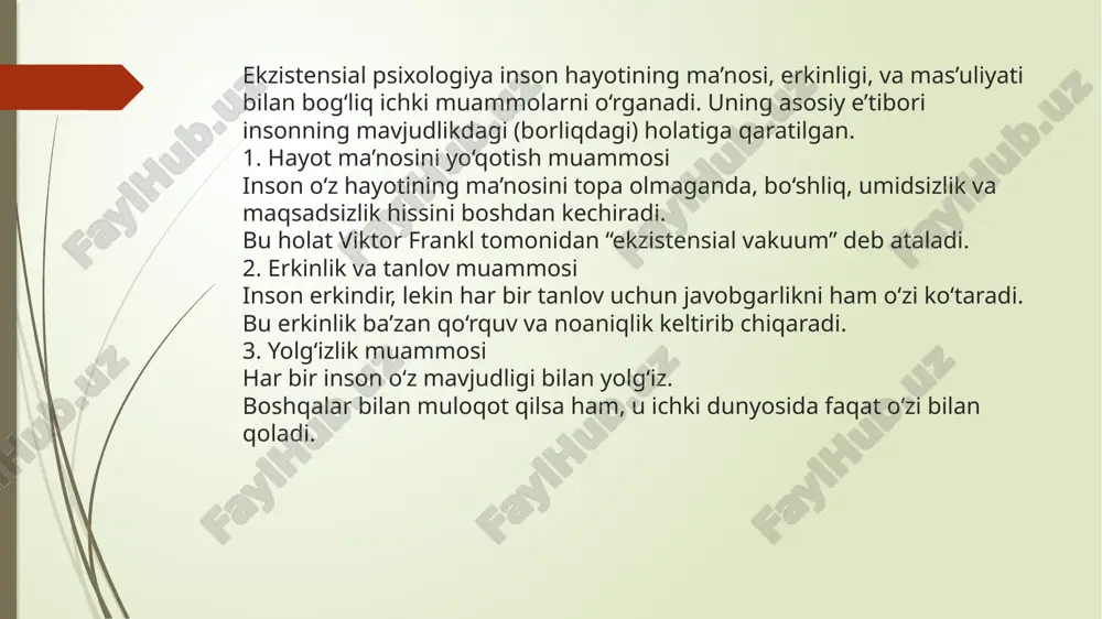 siz? 2. ekzistensial psixologiyaning asoschilari kimlar hisoblanadi? 3. viktor franklning logoterapiya g‘oyasi nimaga asoslanadi? 4. ekzistensial terapiyada “ekzistensiya” atamasi qanday ma’noni anglatadi? 5. hayot ma’nosini yo‘qotish holati qanday nomlanadi? 6. ekzistensial terapiyada insonning erkinligi qanday tushuniladi? 7. erkinlik bilan birga keladigan mas’uliyat nimani bildiradi? 8. ekzistensial terapiyada “yolg‘izlik” tushunchasiga qanday qaraladi? 9. o‘limni anglash terapiyada qanday ruhiy o‘zgarishlarga olib keladi? 10. ekzistensial xavotir (tashvish) deganda nima tushuniladi? krassvord 1.autentiklik -o‘ziga sodiq, tabiiy yashash. 2. vakuum- hayot ma’nosini yo‘qotish holati. 3. o‘lim- hayot chekliligining anglanishi 4. mas’uliyat- o‘z tanlovi uchun javobgarlik. 5.xavotir- erkinlik va tanlov bilan bog‘liq ruhiy holat. 6. logoterapiya- frankl tomonidan ishlab chiqilgan usul. 7. ma’no -hayotning mazmuni, maqsadi. 8. erkinlik -tanlov qilish imkoniyati. image1.png image2.png image3.emf 1 a u t e n t l i k 2 v a k u u m z 3 o’ l i m 4 m a s u l i y a …