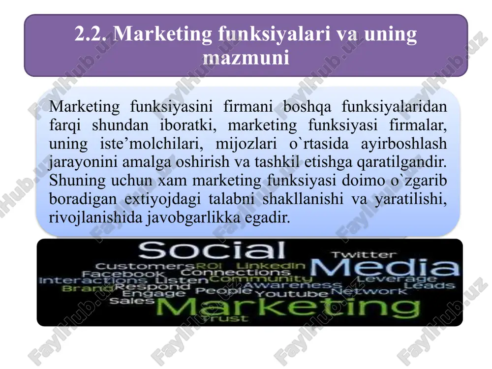 anishlar bilan xarakterlanadi. buning natijasida tovar taklifi talabga tug`ri kelmaydi. shuning uchun sinxromarketingning strategiyasi talab va taklif me’yorini tekislashdan iborat. talab firmaning imkoniyatlariga aniq javob beradi, talabning bir tekisda bo`lishiga erishish kerak. bu sharoitda qo`llab-quvvatlovchi marketing turidan foydalaniladi. qullab-quvvatlovchi marketing - tovarlar va xizmatlar assortimentini to`ldirish, yangilash va narxlarni pasaytirish orqali mavjud bo`lgan talab va extiyoj darajasini saqlab qolishga imkon beradi. obrazets teksta vtoroy uroven tretiy uroven chetvertiy uroven pyatiy uroven talab xaddan tashqari yuqori, talabni pasaytirishga erishish lozim. bu xolatda demarketing turidan foydalaniladi. demarketing maqsadi narxni ko`tarish, servisni qisqartirish yo`li bilan talabni vaqtinchalik yoki surunkasiga pasaytirishdan iborat. nosog`lom talab sog`lik uchun zararli bo`lgan tovarlarga nisbatan paydo bo`ladi. bunda qarama qarshi xarakatlanuvchi marketing noratsional extiyojlarni qondiruvchi talab va xizmatlarga bo`lgan talabni kamaytirish yoki butunlay yo`q qilishga xizmat qiladi. bunga antireklama vositasida erishiladi. 1-savol-marketing funksiyalarini ishlab chiqarish, moliyaviy boshqaruv va innovatsion faoliyat funksiyalari bilan tizimli ravishda solishtiring. ularning o‘zaro bog‘liqligi va …