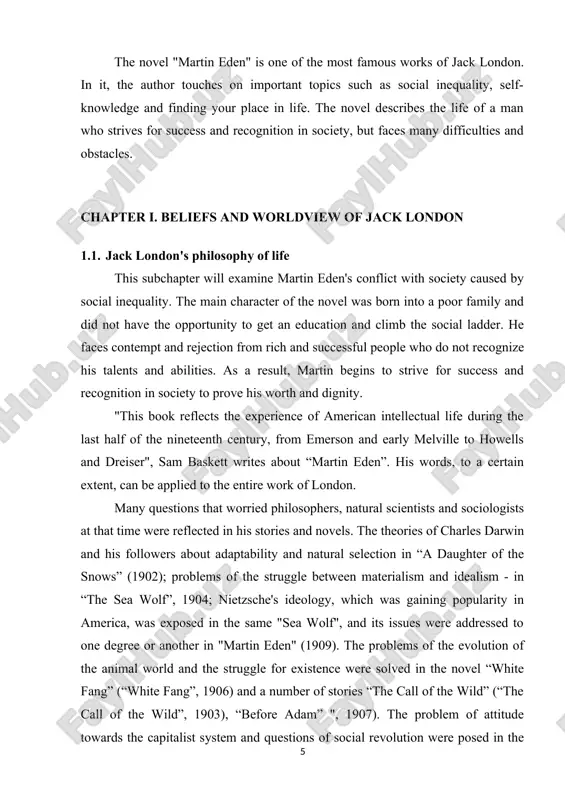 ected bergson and the metaphysicians, and sided with e. haeckel, who provided strong foundations for materialism (london did not share haeckel’s hatred of socialism and his apologetics for the bourgeois system; most likely they were not even known to him) [bogoslovsky 2010: 8]. london recognized the correctness of g. spencer’s provisions on the continuous adaptability of the internal relations of animals and humans to external ones, considered natural selection the basis of existence, improvement of organisms and a prerequisite for the emergence of new species, a stimulus for the development of the animal world [sadagursky 1978: 32]. london was fascinated by spencer's idea of ​​considering man in close connection with nature and the environment. from the recognition of the close connection and interaction of man with nature, the writer logically came to the conclusion that the struggle with nature and between living beings was inevitable. the problem of the struggle …