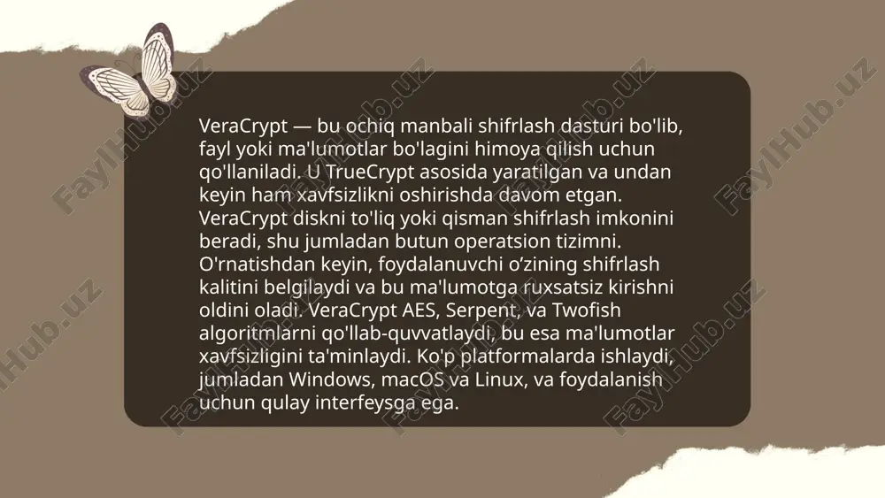 onteyner yaratish uchun, avval uni o'rnatib, ishga tushirish kerak. keyin "create volume" tugmasini bosishingiz kerak. yaratilgan konteyner hajmi siz tanlagan o'lchamda bo'lishi mumkin, masalan, 1 gb dan 100 gb gacha. shifrlash algoritmi sifatida aes, serpent yoki twofish tanlashingiz mumkin. parol quyilganida, minimum 20 belgidan iborat qilib tanlash tavsiya etiladi. yaratilgan konteynerni "mount" qilish orqali unga kirishingiz va ma'lumotlaringizni ko'rish imkoniga ega bo'lasiz. ... t.me/slaydai_bot ssd va hdd disklar uchun shifrlash amaliyoti ma'lumotlarni xavfsiz saqlashda muhimdir. shifrlash diskdagi barcha ma'lumotlarni matematik usullar bilan kodlaydi, shunda faqat ruxsat etilgan foydalanuvchilar ma'lumotlarga kirishlari mumkin. ssd disklar harakatlanuvchi qismlarga ega emasligi sababli, ular ma'lumotlarni tezroq shifrlashi va deshifrlashi mumkin. hdd disklar ma'lumotlarni shifrlashda biroz sekinroq bo'lishi mumkin, chunki ular jismoniy harakatlanuvchi qismlarga ega. aes (advanced encryption standard) eng keng tarqalgan shifrlash algoritmi bo'lib, 256-bit kalit uzunligi bilan yuqori darajada xavfsizlikni ta'minlaydi. pydrive, veracrypt kabi dasturlar ssd va hdd disklar uchun shifrlash imkonini beradi. ... …