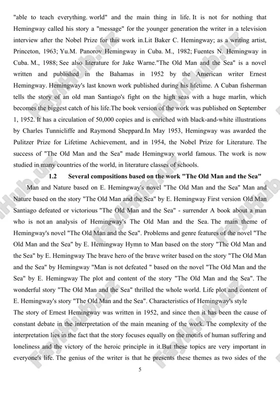 eated " based on the novel "the old man and the sea" by e. hemingway the plot and content of the story "the old man and the sea". the wonderful story "the old man and the sea" thrilled the whole world. life plot and content of e. hemingway's story "the old man and the sea". characteristics of hemingway's style the story of ernest hemingway was written in 1952, and since then it has been the cause of constant debate in the interpretation of the main meaning of the work. the complexity of the interpretation lies in the fact that the story focuses equally on the motifs of human suffering and loneliness and the victory of the heroic principle in it.but these topics are very important in everyone's life. the genius of the writer is that he presents these themes as two sides of the same coin, and the main point …