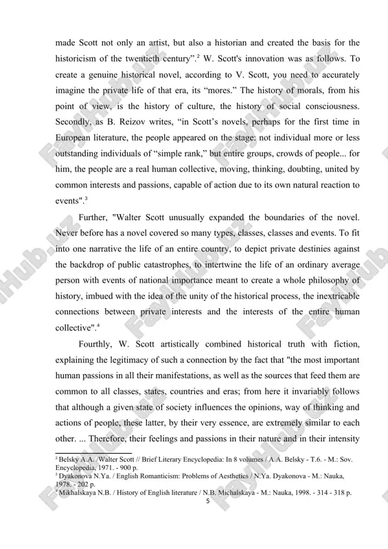 nto the public consciousness of the era, something important for the culture of the 19th century. of course, in previous centuries works appeared that showed, as in a mirror, the face of their contemporaries, the difficult processes of growth and decline of cultures. there has always been literature of high artistic value and exciting, instructive truth. however, walter scott showed in his novels what his predecessors did not know. his artistic discoveries became part of the fabric and blood of european literature and determined its most important features. scott's innovation, which so deeply impressed the people of his generation, lay in the fact that, as v.g. noted. belinsky, created the genre of the historical novel, “which did not exist before him.” scott took on the task of creating a historical novel, following the rule: “to interest the reader, the events depicted in the work must be translated into the mores …
