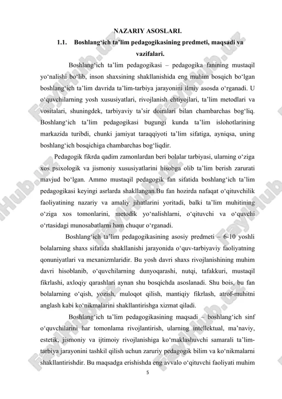 a.boshlang‘ich ta’lim pedagogikasi bu muammolarning ildizini aniqlash, ularni oldini olish yoki bartaraf etish usullarini ishlab chiqadi. yuqoridagilardan kelib chiqib, boshlangan ta’lim pedagogikasi o‘zining keng ko‘lamli tadqiqot obyekti, dolzarb predmeti, ijtimoiy zarur maqsadlari va amaliy ahamiyatga ega vazifalari bilan har bir pedagogning kasbiy faoliyatida markaziy o‘rin tutadi. u nafaqat nazariy bilim beradi, balki o‘qituvchining amaliy faoliyatini samarali olib borishiga yo‘l-yo‘riq ko‘rsatadi. o‘zbekiston respublikasida ta’lim tizimi rivojlanib borayotgan bir paytda, ayniqsa “yangi o‘zbekiston maktabi” konsepsiyasi asosida boshlang‘ich ta’limga alohida e’tibor qaratilayotgani bejiz emas. bu esa boshlang‘ich ta’lim pedagogikasi fanining nazariy va amaliy jihatdan yanada chuqurlashtirilishini taqozo etadi. shu sababli, ushbu fan orqali o‘qituvchilar bilimlarini chuqurlashtirish, o‘z ustida ishlash, yangiliklarni joriy qilish va har bir bolaga individual yondashuvni yo‘lga qo‘yish imkoniyatiga ega bo‘ladi. boshlang‘ich ta’lim pedagogikasining predmeti, maqsadi va vazifalarini chuqur o‘rganish – ta’lim sifati va natijadorligining oshishiga, shuningdek, jamiyatda barkamol avlodni tarbiyalashga xizmat qiladi. shuningdek, boshlang‘ich ta’lim pedagogikasi zamonaviy metodologik asoslar bilan …