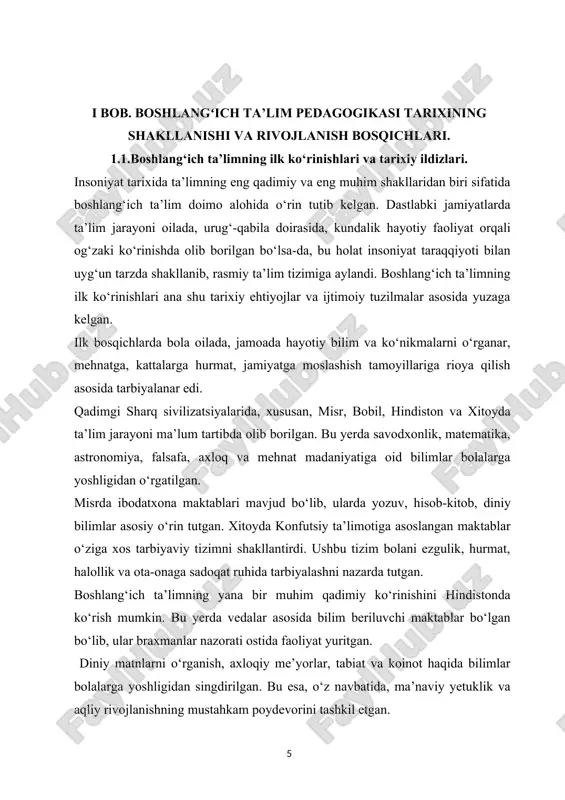 bolalarga qur’on, hadis, arab tili, adabiyot, mantiq, riyoziyot va boshqa fanlar o‘rgatildi. bu jarayonda ustoz-shogird an’anasi mustahkamlanib, bolalar yoshligidan ilm olishga rag‘batlantirildi. islom madaniyati va tafakkuri ta’limda intizom, ma’naviyat, e’tiqod va ijtimoiy mas’uliyatni bosh mezon sifatida qaragan. shu sababli bolalar tarbiyasida ota-onaning, jamiyatning va muallimning mas’uliyati juda yuqori bo‘lgan. o‘rta asrlar yevropa ta’lim tizimi asosan diniy asosda shakllandi. maktablar cherkovlarga biriktirilgan, u yerda o‘qitish asosan diniy matnlar asosida olib borilgan. ammo uyg‘onish davri kelgach, insoniyat tafakkurida katta o‘zgarishlar yuz berdi. dunyoviy fanlar rivojlandi, insonparvarlik g‘oyalari tarqala boshladi. jan amos komenskiy, jan-jak russo, pestalozzi kabi pedagoglar bola tabiatiga mos, bosqichma-bosqich o‘qitish va tarbiyalash g‘oyalarini ilgari surdilar. ular boshlang‘ich ta’limda bolani markazga qo‘yish, uning qiziqishi va ehtiyojiga mos ravishda ta’lim berish zarurligini asoslab berdilar. xix asrda zamonaviy boshlang‘ich maktablar shakllandi. bu davrda bolalar uchun mo‘ljallangan maxsus dasturlar ishlab chiqildi, darsliklar yaratildi, o‘qituvchilar tayyorlash tizimi yo‘lga qo‘yildi. makarenko, ushinskiy, tolstoy, disterveg kabi mashhur …