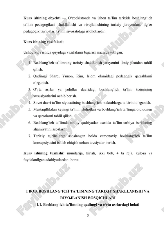 agi ta’lim tizimi, islom uyg‘onish davridagi maktablar va o‘rta asrlardagi pedagogik qarashlarni ilmiy asosda tahlil qilamiz. bu orqali boshlang‘ich ta’limning tarixiy rivojlanish tendensiyalari va bugungi kundagi o‘rni haqida chuqur xulosalar chiqarish mumkin bo‘ladi. boshlang‘ich ta’lim insoniyat tafakkurining ilk bosqichlaridanoq mavjud bo‘lib kelgan ijtimoiy zaruratlardan biridir. har bir davr, har bir sivilizatsiya va jamiyatda bolalarning hayotga tayyorlanishi, ularga zaruriy bilim va ko‘nikmalarni berish jarayoni muhim hisoblangan. dastlab bu jarayon og‘zaki ravishda, ya’ni ota-onalar, urug‘doshlari yoki jamiyatning katta yoshli a’zolari tomonidan bevosita tarbiya ko‘rinishida amalga oshirilgan. vaqt o‘tishi bilan insoniyat tafakkuri, madaniyati, ijtimoiy tuzumi va texnologik rivojlanishi ta’lim tizimining ham asta-sekin murakkablik kasb etishiga olib keldi. ayniqsa, qadimgi sivilizatsiyalar paydo bo‘lishi bilan birga yozuv ixtiro qilinishi, diniy tizimlar va davlat tuzilmalarining shakllanishi ta’limga bo‘lgan ehtiyojni oshirdi. bu davrda ta’lim, ayniqsa boshlang‘ich bosqichda, avvalo diniy bilimlar, yozuv, hisob-kitob va axloqiy tarbiya berishga yo‘naltirilgan edi. qadimgi sharq — misr, bobil, hindiston va xitoyda bolalarga …