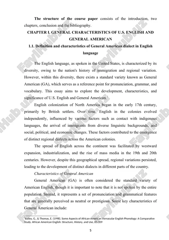 er dialects. 4. grammar and vocabulary: while ga does not differ significantly from other varieties of american english in terms of grammar and vocabulary, it is often associated with a more conservative usage, avoiding certain colloquialisms and slang terms. despite the existence of general american as a standard variety, regional variation remains a prominent feature of american english. the united states is home to numerous distinct dialects, each influenced by factors such as geography, settlement history, immigration patterns, and social factors.[footnoteref:4] [4: bailey, g., & thomas, e. (1998). some aspects of african-american vernacular english phonology: a comparative study. african american english: structure, history, and use, 85-109] some well-known regional dialects include: 1. southern american english: characterized by features such as the southern drawl, monophthongization of certain vowel sounds, and distinct grammatical structures. 2. new york city english: known for its distinctive accent, characterized by features such as the "new york …