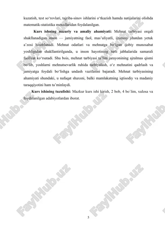n hissa sifatida ahamiyatini tushunishga yordam beradi. mehnat tarbiyasining ijtimoiy ahamiyati katta. bu jarayon o‘quvchilarda jamiyat oldidagi mas’uliyatni, umumiy mehnatga bo‘lgan ehtiyojni anglashni shakllantiradi. mehnat orqali o‘quvchilar jamiyatda o‘z o‘rnini topa olishadi, ijtimoiy manfaatlar va boshqalar bilan hamkorlikda ishlashni o‘rganadilar. o‘quvchilarni mehnatga jalb qilish, ularni mas’uliyatli va faol fuqarolar sifatida tarbiyalashga yordam beradi. shu bilan birga, mehnat jamiyatdagi tenglik va barqarorlikni ta’minlashda muhim omil bo‘lib xizmat qiladi. mehnat tarbiyasining yana bir muhim jihati – kasbiy tayyorgarlikdir. o‘quvchilarga mehnat jarayonida faqat ishni bajarish, balki o‘z kasbini sevish, unga ijodiy yondashish va uning turli jihatlarini tushunish o‘rgatiladi. kasbiy tayyorgarlik orqali o‘quvchilarda ma’lum bir kasbga qiziqish uyg‘otiladi, ular kelajakda o‘zlariga mos kasbni tanlashda yordam oladilar. mehnat tarbiyasi, o‘z navbatida, mehnat bozori talablariga mos ravishda malakali kadrlarni tayyorlashga xizmat qiladi. mehnat tarbiyasi o‘quvchilarga mehnatning iqtisodiy ahamiyatini tushuntirishda muhim rol o‘ynaydi. mehnat nafaqat hayotiy ehtiyojlarni qondirish, balki ijtimoiy farovonlikni ta’minlashda ham asosiy omil hisoblanadi. o‘quvchilarni …
