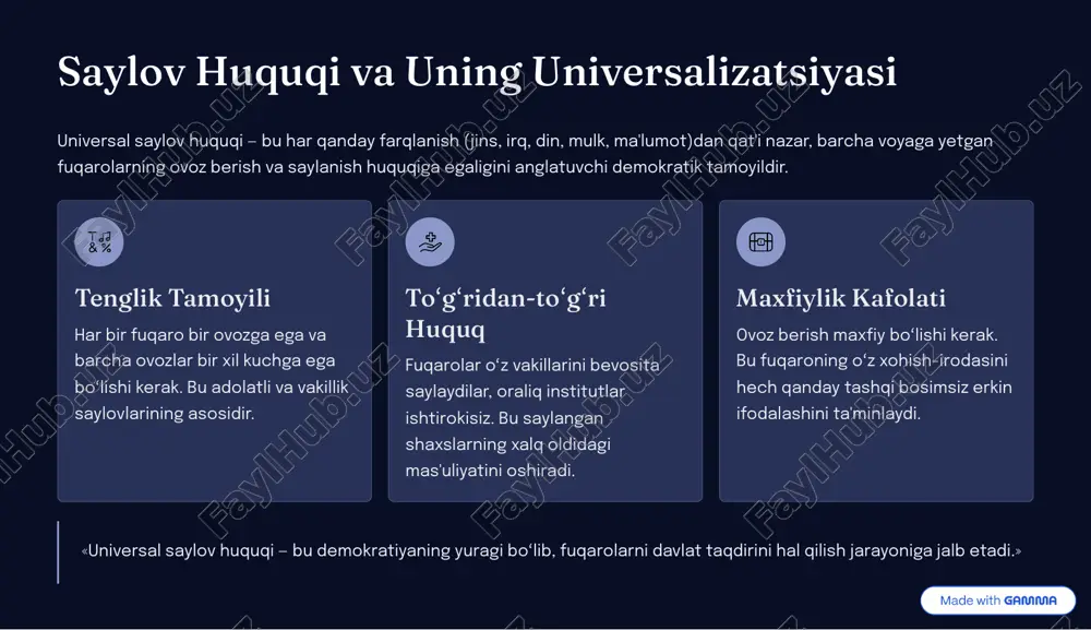 atda ishonchni oshiradi. saylovlar 4 fuqarolar va davlat o»rtasidagi ijtimoiy shartnomaning yangilanishidir. de�okratik rivojla�i�� o»zbekistonda saylov qonunchiligining doimiy takomillashuvi, ayniqsa, siyosiy partiyalar o»rtasidagi raqobatning kuchayishi mamlakatning demokratik yo»nalishdagi mustahkam istiqbollaridan dalolat beradi. xalqaro i�tegrat�iya saylov amaliyotini xalqaro standartlarga moslashtirish o»zbekistonning xalqaro maydondagi obro»sini oshiradi va uning ochiqlik siyosatini mustahkamlaydi. saylovlarda faol ishtirok etish har bir fuqaroning mamlakat kelajagiga qo»shadigan muhim hissasi hisoblanadi. har bir ovoz muhim! https://gamma.app/?utm_source=made-with-gamma