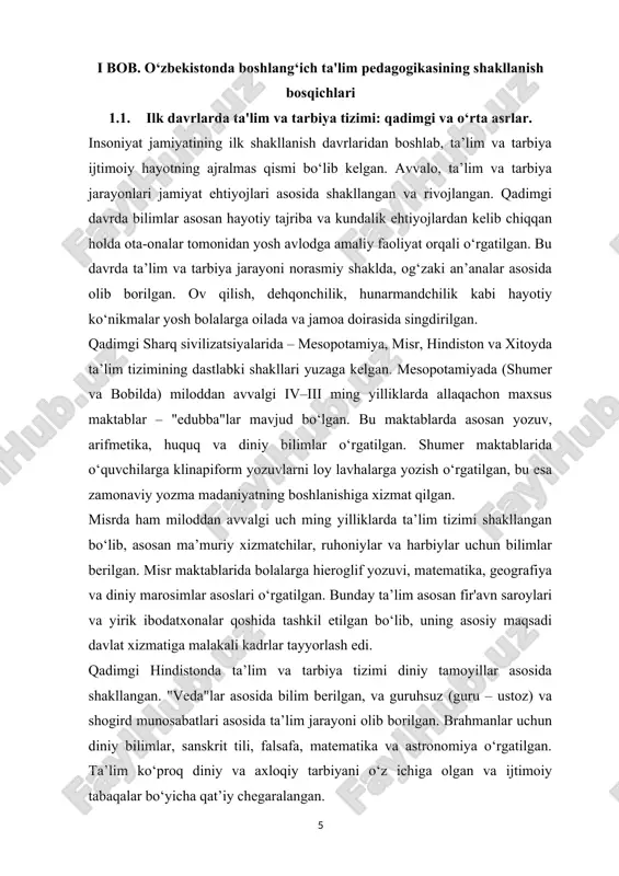 g dastlabki davrlarida ta’lim diniy tashkilotlar – monastir va sobor maktablari orqali amalga oshirilgan. katolik cherkovi ta’lim tizimining markaziy tashkilotchisi sifatida faoliyat yuritgan.o‘rta asrlarda universitetlar (masalan, bolonya, parij, oksford) tashkil etilishi bilan dunyoviy bilimlarga ham e’tibor qaratila boshlandi. lotin tili ta’lim tili sifatida ishlatilgan.o‘rta asr universitetlarida grammatika, ritorika, mantiq, arifmetika, geometriya, astronomiya va musiqani o‘z ichiga olgan yetti erkin san’at o‘qitilgan. shunday qilib, qadimgi va o‘rta asrlarda ta’lim va tarbiya tizimi jamiyat taraqqiyotining zarurati sifatida shakllangan va har bir sivilizatsiya o‘zining ijtimoiy-iqtisodiy, diniy va madaniy sharoitlariga mos ravishda ta’lim tizimini rivojlantirgan. ta’lim va tarbiya dastlab amaliy ehtiyojlardan kelib chiqqan bo‘lsa, keyinchalik u madaniy, ilmiy va axloqiy qadriyatlarni uzluksiz avloddan avlodga o‘tkazish vositasiga aylangan. bugungi zamonaviy ta’lim tizimining ildizlari aynan ana shu qadimgi va o‘rta asrlar tajribasiga borib taqaladi. har bir davr va har bir mintaqaning o‘ziga xos xususiyatlarini o‘rganish esa zamonaviy ta’limni yanada takomillashtirish uchun muhim ahamiyat kasb etadi. 1.2. …