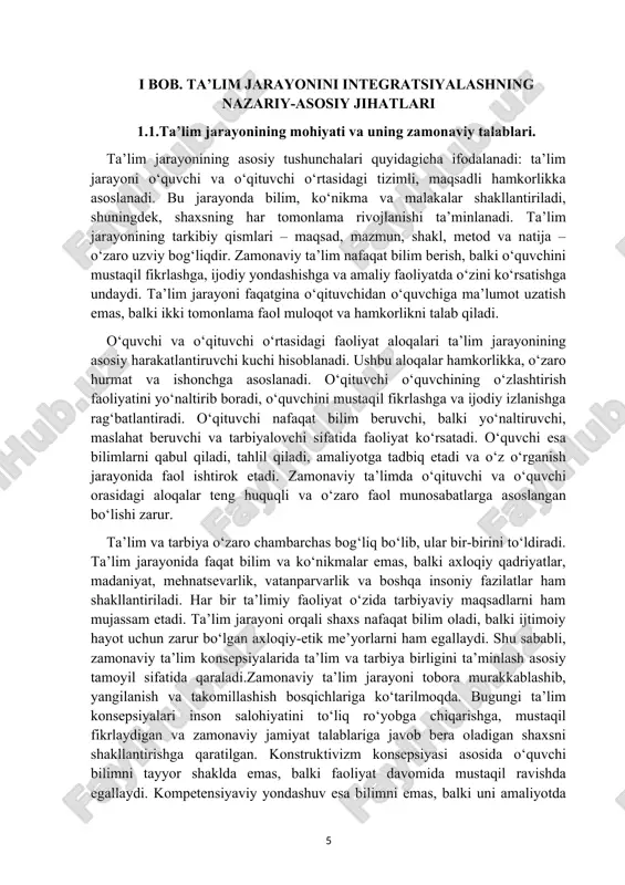 hkil etish shakllarini o‘z ichiga oladi. natija esa o‘quvchilarning bilim, ko‘nikma va malakalar darajasini, ularning ijtimoiy faoliyatga tayyorligini aks ettiradi. zamonaviy ta’lim tizimiga qo‘yilayotgan talablar bugungi kunda jamiyatning tezkor o‘zgarishi, fan va texnologiyaning rivojlanishi bilan chambarchas bog‘liq. hozirgi ta’lim jarayoni shaxsga yo‘naltirilgan bo‘lishi, har bir o‘quvchining individual qobiliyati va ehtiyojlarini inobatga olishi kerak. innovatsion texnologiyalardan samarali foydalanish, interaktiv metodlarni keng qo‘llash, raqamli vositalar orqali o‘quvchilar faoliyatini faollashtirish zamonaviy ta’limning ajralmas qismiga aylangan. o‘quvchilarda mustaqil, tanqidiy va kreativ fikrlash ko‘nikmalarini rivojlantirish, ularni muammoli vaziyatlarda mustaqil qaror qabul qilishga o‘rgatish ham zamon talabi hisoblanadi. ta’lim jarayoni o‘quvchilarni hayot davomida o‘qish va o‘zini rivojlantirishga tayyorlashga yo‘naltirilgan bo‘lishi, bilimlarni amaliy hayotda qo‘llay olishga o‘rgatishi zarur. shuningdek, ta’lim fanlararo integratsiyani ta’minlashi, bilimlar o‘rtasidagi bog‘liqlikni ochib berishi va o‘quvchilarni kompleks fikrlashga undashi kerak. bugungi kunda xalqaro tajriba va standartlarga mos ta’lim tizimini yaratish ham dolzarb bo‘lib, bu orqali ta’lim sifatini oshirish va global raqobatbardoshlikni ta’minlash imkoniyati …