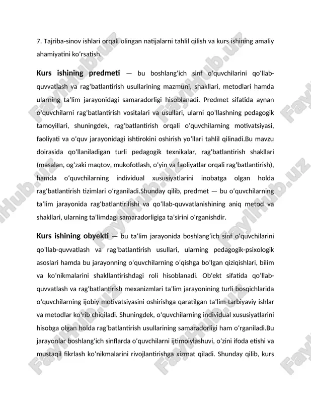 g‘ich sinflarda darslarni o‘tkazishda o‘qituvchilar uchun foydali tavsiyalar va usullar to‘plamini beradi. rag‘batlantirish usullarini dars jarayoniga samarali joriy etish orqali o‘quvchilarning faolligi, qiziqishi va ijobiy motivatsiyasi oshirilishi mumkin.shuningdek, ish natijalari pedagogik amaliyotda qo‘llanilishi mumkin bo‘lgan aniq metodik ko‘rsatmalarni o‘z ichiga oladi, bu esa o‘qituvchilarning professional malakasini oshirishga ham xizmat qiladi.ota-ona va maktab jamoasi bilan hamkorlikda o‘quvchilarni rag‘batlantirish tizimini yaratish hamda mustahkamlash yo‘llari haqida amaliy tavsiyalar berilishi kurs ishining amaliy samarasini yanada oshiradi. bugungi kunda ta’lim tizimida yuz berayotgan islohotlar va yangilanishlar, o‘quvchi shaxsini har tomonlama rivojlantirishga qaratilgan. bu esa pedagoglardan nafaqat bilim berishni, balki o‘quvchilarning ichki dunyosiga kirib borish, ularning qiziqish va ehtiyojlarini chuqur anglash, rag‘batlantirish orqali faoliyatga jalb qilishni ham talab etadi. o‘quvchilarning bilim olishga bo‘lgan munosabatini shakllantirishda rag‘batlantirish usullari muhim ahamiyatga ega. ayniqsa, boshlang‘ich sinfda bu usullar o‘quvchilarning ta’limga bo‘lgan qiziqishi, tashabbuskorligi, ijtimoiy faolligi va o‘ziga bo‘lgan ishonchini mustahkamlashda asosiy omillardan biri hisoblanadi.rag‘batlantirish – bu o‘quvchilar faoliyatini ijobiy …