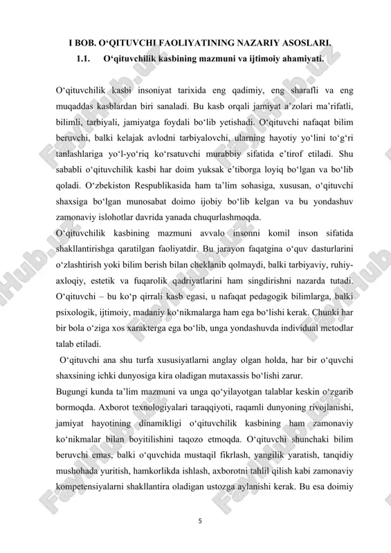 antiradi.shu jihatdan, o‘qituvchilik kasbi hamisha yangilanish, takomillashish, o‘sish kasbidir. yuqoridagilardan kelib chiqib aytish mumkinki, o‘qituvchilik kasbi bugungi kunda jamiyatda eng muhim, eng ijtimoiy mas’uliyatli va ma’naviy yuksak kasblardan biri hisoblanadi. u faqatgina bir kasb emas, balki fidoyilik, vatanparvarlik, ma’rifatparvarlik va insonparvarlik timsolidir. o‘qituvchining qo‘lida xalq taqdiri, millat taqdiri, jamiyat kelajagi shakllanadi. shu bois bu kasb egalarining qadri har doim baland bo‘lishi lozim. ular jamiyatda eng katta hurmat va e’tiborga loyiqdirlar. bugungi kunda ham, kelajakda ham o‘qituvchilik kasbining ijtimoiy va ma’naviy ahamiyati pasaymaydi, balki ortib boraveradi. 1.2.o‘qituvchining kasbiy faoliyat yo‘nalishlari va asosiy vazifalari. o‘qituvchilik kasbi nafaqat bilim berish, balki tarbiyalash, shaxsni shakllantirish va jamiyat taraqqiyotiga xizmat qilishdek keng qamrovli faoliyatni o‘z ichiga oladi. o‘qituvchi pedagogik faoliyatda o‘zining kasbiy yo‘nalishlari, metodik yondashuvlari, didaktik uslublari orqali yosh avlodni har tomonlama rivojlantirishga xizmat qiladi. uning kasbiy faoliyati ko‘p qirrali bo‘lib, bu faoliyatda nafaqat ta’limiy, balki tarbiyaviy, metodik, tashkiliy, innovatsion, kommunikativ va madaniy yo‘nalishlar ham …