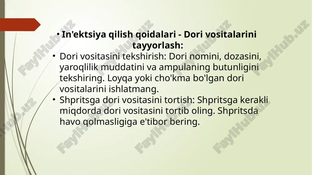 dam beradi. tibbiyot xodimlari bu muolajalarni xavfsiz va samarali bajarish uchun zarur bilim va ko'nikmalarga ega bo'lishlari kerak. in'ektsiya va mahalliy muolajalarni qo'llashdan oldin bemorning ahvolini yaxshilab baholash, mumkin bo'lgan xavflarni hisobga olish va bemorga muolaja haqida to'liq ma'lumot berish muhimdir. image1.png image2.jpeg /docprops/thumbnail.jpeg