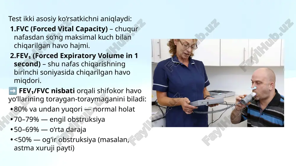 qoplama) – havo bilan to‘ldiriladigan kamarni joyida ushlab turadi. compressed air tank (50 l tank) – o‘lchov uchun kerakli bosim va havo oqimini beradi. pressure relief valve – xavfsizlik uchun bosim ortsa havo chiqarib yuboradi. ishlash prinsipi: bola niqob orqali chuqur nafas oladi va chiqaradi. asbob bolaning nafas chiqarishdagi oqim tezligi (flow) va havo hajmi (volume) ni o‘lchaydi. havo harakati vaqtida ko‘ikrak qafasining kengayishi inflatable bladder orqali qayd qilinadi. natijalar pnevmotaxometr tomonidan kompyuterga uzatiladi va grafik ko‘rinishda (“flow-volume loop”) chiqadi. asosiy maqsad: nafas chiqarish tezligi pasaysa — bu bronxial torayish (obstruksiya) belgisidir. nafas olish ham, chiqarish ham sekin bo‘lsa — bu o‘pka sig‘imi kamaygan (restriktiv) holatdir. bu rasmda elektrodlar orqali bolaning nafas harakatini elektr impedans o‘zgarishiga qarab aniqlaydigan zamonaviy usul ko‘rsatilgan. ishlash prinsipi: bola nafas olayotganda ko‘krak va qorin harakatlanadi — bu tana yuzasidagi **elektr qarshilik (impedans)**ni o‘zgartiradi. elektrodlar shu o‘zgarishlarni qayd etadi. kompyuter bu signallarni grafik to‘lqinlar sifatida tahlil …