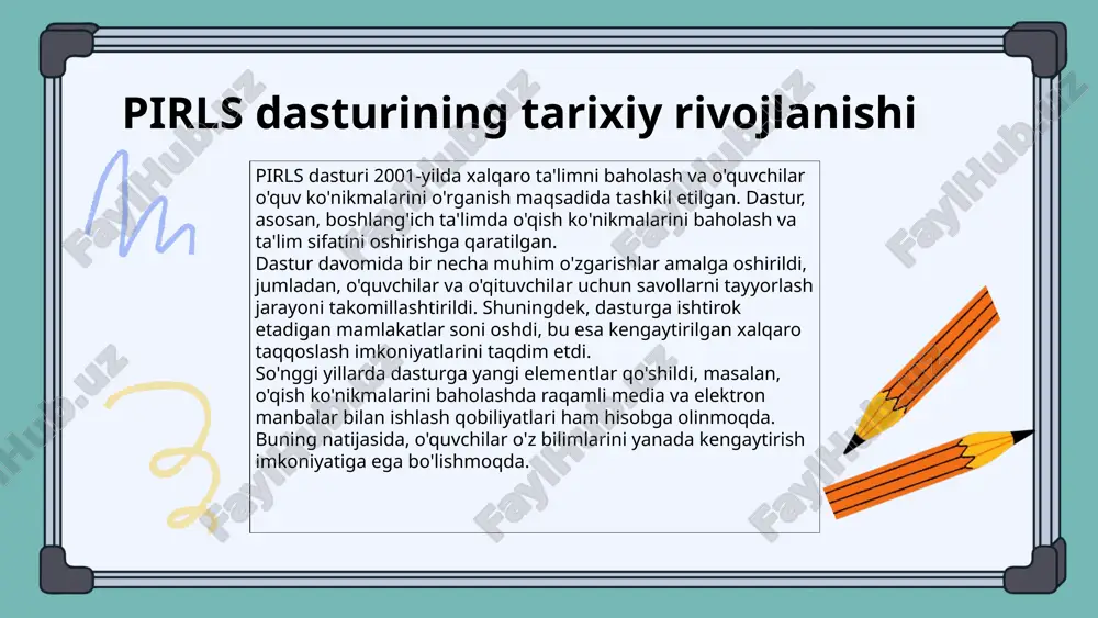 adi. bu, o'qituvchilarga yangi metodlarni qo'llash imkoniyatini beradi va ta'lim jarayonini yanada samarali qiladi. umuman olganda, ta'lim tizimidagi o'zgarishlar, o'quvchilarning bilim darajasini oshirishga xizmat qiladi. adabiyotlar roʻyxati pirls (progress in international reading literacy study) dasturi xalqaro miqyosda o'quvchilarning o'qish savodxonligini baholashga qaratilgan. ushbu dastur 2001 yildan beri har to'rt yilda o'tkazilib kelinmoqda va 50 dan ortiq mamlakatni qamrab oladi. - o'qish savodxonligini oshirish uchun dasturiy yondashuvlar muhimdir. - o'qituvchilarning malakasini oshirish natijalarga ijobiy ta'sir ko'rsatadi. - oila va jamiyatning ta'limga bo'lgan munosabati o'quvchilarning muvaffaqiyatida muhim rol o'ynaydi. - o'qish jarayonida texnologiyalardan foydalanish samaradorlikni oshiradi. pirls dasturida qatnashgan mamlakatlar o'rtasida turli sharoitlar va muammolar mavjud. ba'zi mamlakatlarda ta'lim tizimida resurslar yetishmaydi, boshqalarida esa o'qituvchilarni tayyorlash va qo'llab-quvvatlash masalalari mavjud. pirls dasturining natijalari: ta'lim tizimlariga ta'siri pirls dasturi, 4-sinf o'quvchilarining o'qish ko'nikmalarini baholash maqsadida o'tkazilgan xalqaro tadqiqotdir. ushbu dastur natijalari, o'zbekiston ta'lim tizimining o'qitish metodlari va o'quv dasturlaridagi o'zgarishlarni ko'rsatmoqda. o'quvchilarning o'qish …