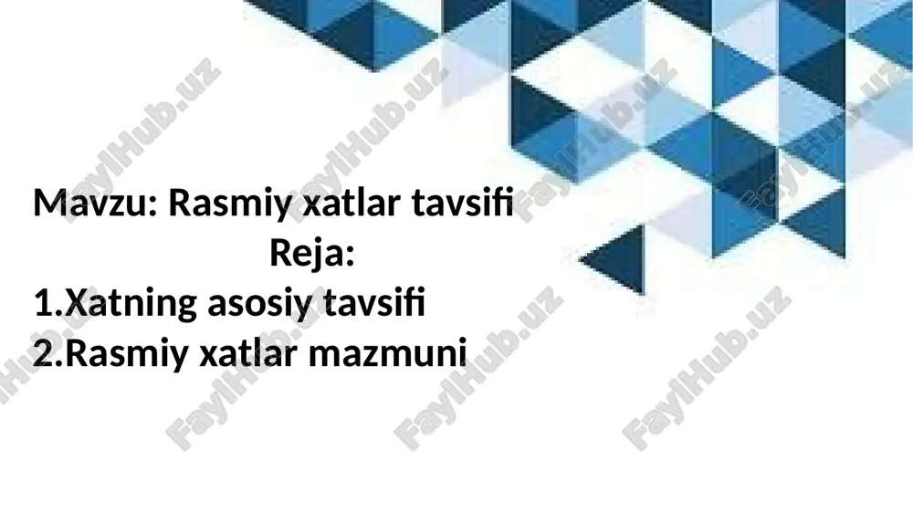 nishi ham mumkin. arizalar quyidagi zaruriy qismlar asosida yoziladi: ariza taqdim etiladigan muassasa, tashkilot, xo‘jalikning nomi yoki rahbar xodimning unvoni, vazifasi, ismi, ota ismi va familiyasi. 2. ariza beruvchining vazifasi, unvoni, ismi, ota ismi va familiyasi (zarur o‘rinda ariza beruvchining turar joyi ko‘rsatilishi mumkin). 3. hujjatning nomi (ariza). 4. asosiy matn (taklif, iltimos, shikoyat). 5. arizaga ilova qilinadigan hujjatlar nomi (zarur bo‘lganda). 6. ariza yozilgan vaqt (yil, kun, oy) qog‘ozning chap tomonida yoziyoziladi. 7.ariza yozuvchining imzosi. 8. ariza yozuvchining ismi va ota ismining bosh harflari qayd etilib, familiyasi to‘liq keltiriladi. 9. odatda, ariza bir nusxada va ruchka bilan yoziladi. mavzu:telegrammaning zaruriy qismlari reja: 1.telegrammaning asosiy zaruriy qismlari 2.telegramma qay usulda joʻnatiladi telegrammaning zaruriy qismlari: 1.hujjatning nomi (telegramma). 2.turi haqidagi belgi (hukumat telegrammalari, xalqaro telegrammalar, shoshilinch va oddiy telegrammalar). 3.telegramma yetib borishi zarur bo‘lgan joy adresi, uni oladigan shaxsning ismi va familiyasi. 4.matn. 5.jo‘natuvchi muassasaning qisqacha nomi va matnini imzolagan mansabdor …