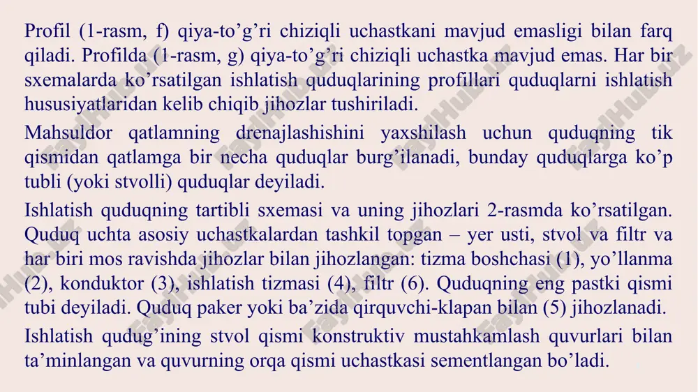 tkazuvchanlikka salbiy ta’sir ko’rsatadi va keyin esa ishlatishni qiyinlashtiradi. quduqni ishga tushirishda va avariyali favvoralanishida hamda favvora quduqlariga quvurlarni yoki boshqa jihozlarni tushirishda uchiriladi (to’siladi). quduq usti jihozlari mustahkamlash tizmasi, favvora armaturasi buzilganda boshqarib bo’lmaydigan favvoralar paydo bo’ladi, ya’ni quduq ustini germetiklash va to’sish orqali avariya holatini to’xtatishda oddiy usullarda amalga oshirishning imkoni bo’lmaydi. 12 quduqlarning har bir ochiq favvoralanishida atrof muhit jiddiy zarar kuradi, ochiq favvora qancha ko’p muddat davom etsa, shunchalik quduqning debiti yo’qotiladi. ochiq favvora ko’pincha yong’in va baxtsiz hodisalarni sodir bo’lishiga, neft yoki gaz uyumlarining o’zida tuzatib bo’lmaydigan zararlarni keltirib chiqaradi. ochiq favvoralanishni oldini olishda quduq usti jihozlarining buzilishi yoki quduqni ta’mirlash davrida favvoralanishga qodir bo’lgan quduqlarda stvolning pastki qismiga qirquvchi klapan o’rnatiladi, quduqning mahsuldor qismi yuqori qismidan ajratiladi. 13 xulosa neft, neftgaz yoki gazkondensat qatlamlardan yoki bir nechta qatlamli konlarni ishlash va foydalanish ob’ektlaridan bir-biri bilan birgalikda harakatlanadi. shuning uchun bunday ob’ektlarni neftli yoki gazli …
