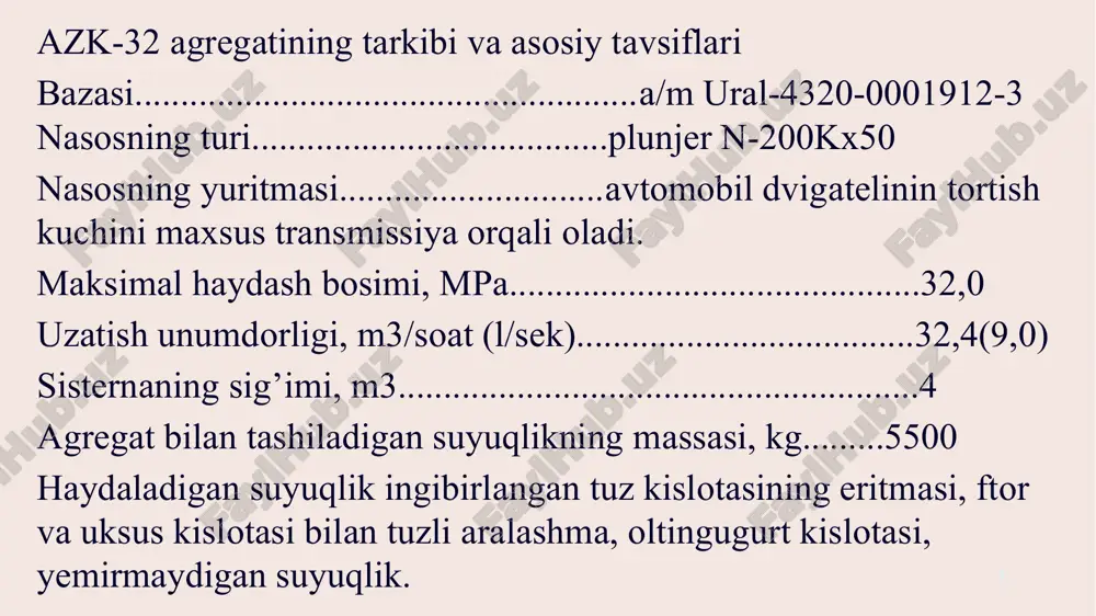 an qatlamlar pakerlar yordamida bekitiladi yoki yaxshi o’tkazuvchan qatlamga yuqori qovushqoqli emul’siya polakrilamid eritmasi haydaladi va undan so’ng esa kislotali ishlov beriladi. kislota bosim ostida eng kam o’tkzuvchan uchastkada to’planadi. 12 13 kislotali ishlov berishni dinamik rejimda oqim nasosi yordamida amalga oshirish texnologiyasi 3-rasmda keltirilgan. 3-rasm. oqimli nasosdan foydalanib, qatlam quduq tubi zonasiga dinamik rejimda kislotali ishlov berish jarayonining texnologik sxemasi: a) yer osti jihozlari quduqda joylashuvi, nkq kislotali aralashma bilan to’ldirilishi; b) kislotali aralashmani qatlamga haydash uchun quduq oralig’i bo’shlig’ini pakerlash; d) sharikli klapanni nkqga tushirish, oqimli nasos orqali depressiya hosil qilish; e) sharikli klapanni ko’tarish oldidan qatlamga kislotali aralashmani haydash. 1-nkq; 2-oqimli nasos; 3-paker; 4-xvostovik; 5-sharikli klapan; 6-haydovchi aralashma; 7-kislotali aralashma quduqdagi nkqga (1) oqim nasosi (2) tushiriladi hamda paker (3) va xvostik (4) eritma bilan to’ldiriladi, uning uzunligi 1÷1.5 m3 hajmiga ega. xvostikning uchi ishlanadigan qatlamning qarshisiga o’rnatiladi. nkq –tuzli kislotaning ingibirlangan eritmasi bilan to’ldiriladi (11.3-rasm, a), …