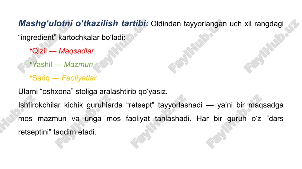 b chiqilgan model. bu model darslarni besh bosqichga ajratadi va o‘quvchilarga ilmiy g‘oyalarni o‘z tajribalari bilan bog‘lashga yordam beradi. bu model sinfdagi e’tiborni o‘qituvchi boshchiligidagi ma’ruzadan o‘quvchi markazidagi kashfiyotga yo‘naltiradi va ilmiy tushunchalarni chuqurroq anglashga yordam beradi. 5e modelining afzalliklari chuqurroq tushunishni rivojlantiradi o‘quvchilarni tadqiqotlar asosida bilimni o‘zlari shakllantirishga undaydi. o‘quvchilar faolligini oshiradi amaliy mashg‘ulotlar orqali ularning qiziqishini uyg‘otadi va davom ettiradi. ilmiy ko‘nikmalarni rivojlantiradi savol berish, tadqiqot rejalashtirish va ma’lumotlarni tahlil qilish jarayonlarini uyg‘unlashtiradi. ilmiy ko‘nikmalarni rivojlantiradi savol berish, tadqiqot rejalashtirish va ma’lumotlarni tahlil qilish jarayonlarini uyg‘unlashtiradi. 5e model: engage → explore → explain → elaborate → evaluate 5e modelining birinchi bosqichi "jalb etish" (engage) nima? bu — o‘quvchilarning qiziqishini uyg‘otish, qiziqishini kuchaytirish va mavzu bo‘yicha avvalgi bilimlarini aniqlashga qaratilgan boshlang‘ich bosqichdir. u o‘quvchilarning oldingi tajribalarini yangi mavzu bilan bog‘laydi va mavjud noto‘g‘ri tushunchalarni aniqlaydi. yangi savol bering haqiqiy hodisa bilan bog'liq o'ylantiruvchi savol bering. kuchli vizual ta'sirni ko'rsating …