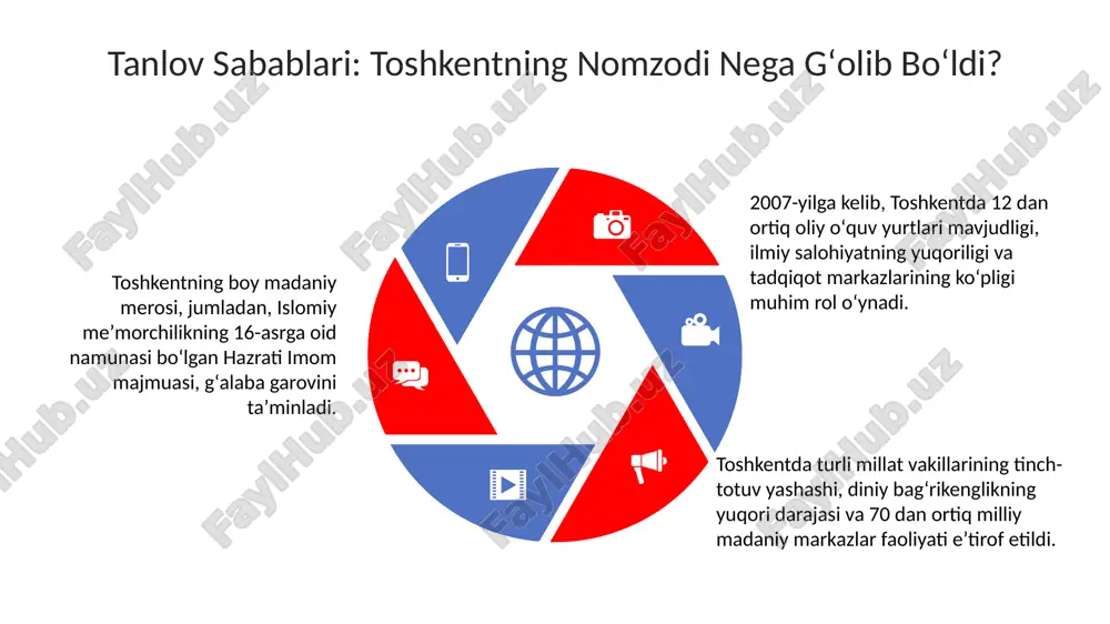 irokidagi konferensiyalarga zamin yaratdi. erishilgan yutuqlar va kelgusi vazifalar islom madaniyati poytaxti maqomi orqali 2007 yilda 100 dan ortiq yangi masjid va madrasalar ta'mirlandi, bu esa diniy merosni saqlashga katta hissa qo'shdi. 2007 yildan so'ng 30 ga yaqin islomiy tadqiqot markazlari tashkil etildi, ularning asosiy maqsadi islom dini va madaniyatiga oid 1000 dan ziyod ilmiy maqolalar chop etishdan iborat. kelgusi vazifalardan biri – 2030 yilgacha islomiy turizmni rivojlantirish, buning uchun infratuzilmani yaxshilash va 50 dan ortiq yangi turistik marshrutlarni yaratish zarur. iqtisodiy va ijtimoiy oqibatlar 2007 yilda islom madaniyati poytaxti maqomi turizmni rivojlantirib, mehmonxona biznesida 15% ga o'sishga olib keldi va yangi ish o'rinlari yaratdi. investitsiyalar 10 million dollarga ko'payib, madaniy merosni saqlashga yo'naltirildi, bu esa tarixiy obidalarning 20% ga tiklanishiga yordam berdi. toshkentda islom konferentsiyalari 30% ga oshib, mintaqaviy savdo-sotiq va iqtisodiy integratsiyani kuchaytirdi, bu esa yaimga 5% qo'shimcha hissa qo'shdi. bu voqea, o'zbekistonning islom olamida tutgan o'rnini mustahkamladi …
