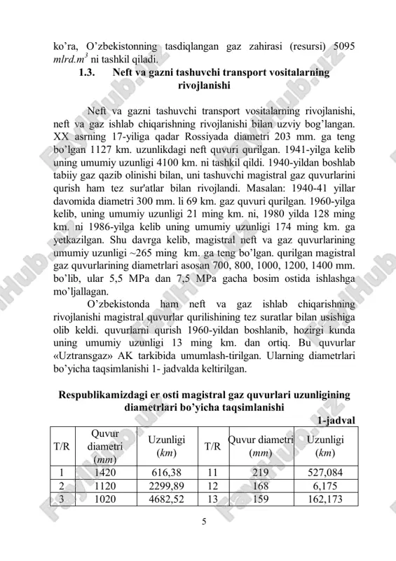 vurlar «uztransgaz» ak tarkibida umumlash-tirilgan. ularning diametrlari bo’yicha taqsimlanishi 1- jadvalda keltirilgan. respublikamizdagi er osti magistral gaz quvurlari uzunligining diametrlari bo’yicha taqsimlanishi 1-jadval t/r quvur diametri (mm) uzunligi (km) t/r quvur diametri (mm) uzunligi (km) 1 1420 616,38 11 219 527,084 2 1120 2299,89 12 168 6,175 3 1020 4682,52 13 159 162,173 6 4 820 250,71 14 146 4,46 5 720 1626,02 15 133 0,86 6 530 893,44 16 114 15,522 7 426 346,03 17 108 32,512 8 377 74,871 18 89 13,512 9 325 951,86 19 76 0,4 10 273 393,731 20 57 10,51 j a m i : 12900,326 km quvur transporti bilan bir qatorda, neft va suyultirilgan gazlarni tashuvchi boshqa transport vositalari ham rivojlandi. ularni suv transportida tashishda yuk ko’taruvchanlik qobiliyati 5000 tonnadan - 45000 tonnagacha bo’lgan dengiz va daryo tanker va barjalaridan, shuningdek yuk ko’taruvchanlik qobiliyati 450 ming tonnadan - 1 mln. tonnagacha bulgan dengiz …