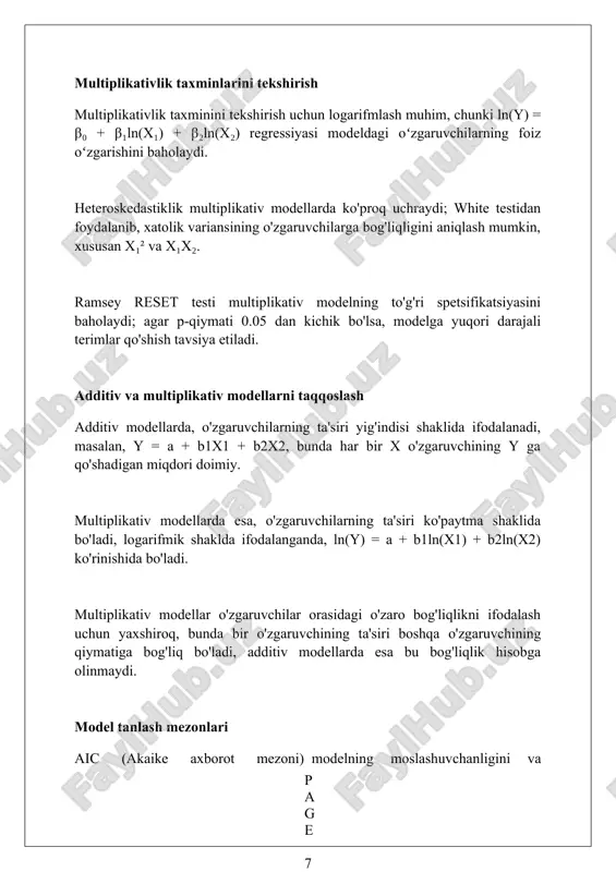 del natijalari statistik ahamiyatga egaligini, 95% ishonch intervali orqali parametrlarning diapazonini ko'rsatadi. xulosa, o'zgaruvchilar o'rtasidagi bog'liqlikning yo'nalishini va kuchini ta'kidlaydi, masalan, 1 birlik o'zgarish bilan 0.75 koeffitsientni tushuntiradi. xulosa, modelning aniqlik darajasini baholaydi, r-kvadrat 0.80 bo'lsa, ma'lumotlarning 80%ini model tushuntirishi mumkinligini anglatadi. xulosa qo'shuvchi va multiplikativ ekonometrik modellar qurish, iqtisodiy hodisalarni tahlil qilish va prognoz qilish uchun mos usullarni tanlash imkoniyatini kengaytiradi. foydalanilgan adabiyotlar 1. iqtisodiy modellar konstruktsiyasi: qo'shimcha va ko'paytuvchi yondashuvlar. (muallif nomi), (yil). 2. ekonometrik modellashtirishda qo'shimchalik va multiplikativlik: qiyosiy tahlil. (muallif nomi), (yil). 3. iqtisodiyotda additive va multiplikativ modellar: amaliy misollar. (muallif nomi), (yil). 4. ekonometrik modellar: nazariya va qo'llanilishi ( 0 0 0 ) ( 7 )