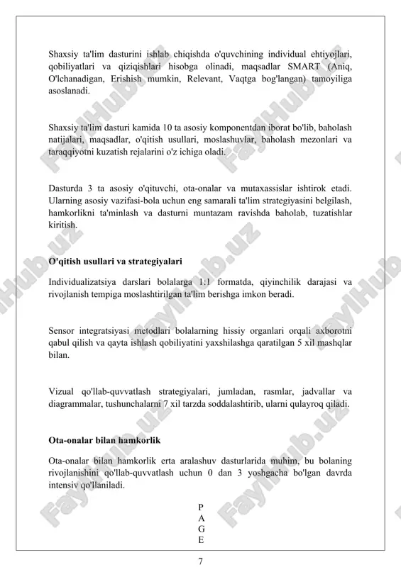 imni rivojlantirishga xizmat qiladi. xulosa bolalarning o'ziga xos ehtiyojlarini qondirishdagi muvaffaqiyatlar va 2-darajali qiyinchiliklar haqida faktlarga asoslangan qisqacha bayonotlarni o'z ichiga oladi. xulosa maxsus ehtiyojli bolalar uchun ta'lim yo'nalishi modeli ularning o'ziga xos ehtiyojlarini qondirish va imkoniyatlarini ro'yobga chiqarishda muhim ahamiyatga ega. foydalanilgan adabiyotlar 1. o'zbekiston respublikasi maktabgacha ta'lim vazirligi. (2020). maxsus ehtiyojli bolalar uchun maktabgacha ta'lim dasturi. toshkent. 2. shayxova, n. i., musayeva, n. n. (2018). maxsus ta'limga muhtoj bolalarni inklyuziv ta'limga tayyorlashning pedagogik asoslari. o'quv qo'llanma. toshkent: fan va texnologiya. 3 ( 0 0 0 ) ( 7 )