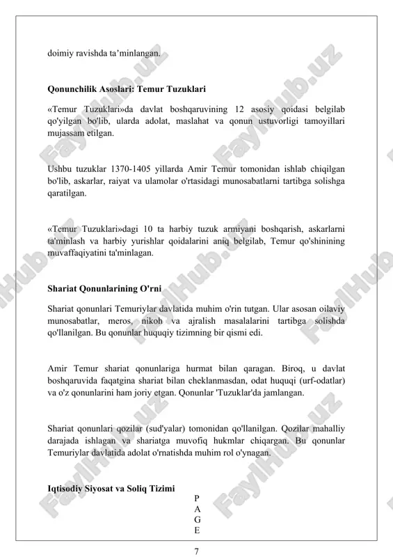dir. temuriylar davrida markaziy osiyoda shaharlar qayta tiklanib, samarqand va hirot kabi markazlar madaniyat va savdo-sotiqning muhim o'choqlariga aylandi, qurilishlar ix-xv asrlarda rivojlandi. temuriylar davlati o'zbek adabiyotining rivojlanishiga katta hissa qo'shdi, alisher navoiyning asarlari o'zbek tilining boyligi va go'zalligini namoyon etib, xv asrda adabiyotni gullattirdi. xulosa amir temur davlat boshqaruvi va qonunchiligi temuriylar davlatining barqarorligi va rivojlanishida muhim rol o'ynadi, markazlashgan hokimiyatni ta'minladi. foydalanilgan adabiyotlar 1. bartold, v. v. turkiston: o'rta osiyo tarixi bo'yicha ishlar. toshkent: o'zbekiston, 2002. 2. grusse, rene. cho'llar imperiyasi: attila, chingizxon, temur. parij: payot, 1939. 3. masson, m. e. amir temur va uning davri. toshkent: o'zdavnashr, 1956. 4. pirumov, x. x ( 0 0 0 ) ( 7 )