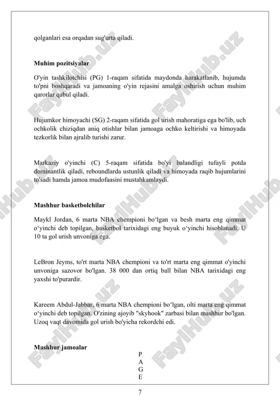 ish orqali to'liq tushuncha beradi. xulosa basketbol sport o'yinlari jamoaviy ruhni mustahkamlaydi, tezkor qaror qabul qilishni rivojlantiradi va jismoniy faollikni oshiradi. bu sport har kim uchun qiziqarli va foydali mashg'ulotdir. foydalanilgan adabiyotlar 1. basketbol bo'yicha sport o'yinlari qoidalari, xalqaro basketbol federatsiyasi (fiba). 2. basketbol bo'yicha mashg'ulotlar metodikasi, muallif (ismi shart emas), nashriyot (shart emas), yil (shart emas). 3. basketbol taktikasi va strategiyasi, muallif (ismi shart emas), nashriyot (shart emas), yil (shart emas) ( 0 0 0 ) ( 7 )