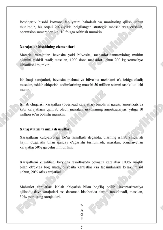 ni 90% samaraliroq taqsimlashga yordam beradi. o'rganish shuni ko'rsatadiki, xarajatlar hisobining to'g'ri qo'llanilishi orqali kompaniyaning operatsion xarajatlarini kamida 15% kamaytirish, mahsulot tannarxini aniq belgilash va rentabellikni oshirish mumkin. xulosa xulosa qilib aytganda, boshqaruv hisobida tannarx hisobi qaror qabul qilish va resurslarni boshqarish uchun muhim ma'lumotlar beradi. foydalanilgan adabiyotlar 1. horngren, c. t., datar, s. m., rajan, m. (2018). xarajat hisobi: boshqaruv qarorlari uchun urg'u. pearson. 2. hansen, d. r., mowen, m. m., heitger, d. l. (2018). boshqaruv hisobi. cengage learning. 3. garrison, r. h., noreen, e ( 0 0 0 ) ( 7 )