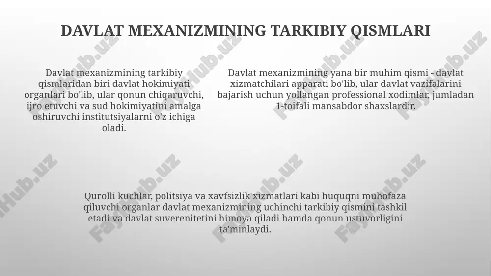 foizga kamaytirish orqali fuqarolarning huquqlarini himoya qiladi. davlat mexanizmining optimallashtirilishi, xususan, byurokratik jarayonlarni soddalashtirish orqali iqtisodiy o'sishni 3-5 foizga tezlashtirishi, biznes muhitini yaxshilash va investitsiyalarni jalb qilish imkoniyatini yaratadi. e'tiboringiz uchun rahmat image3.png image1.png image2.png