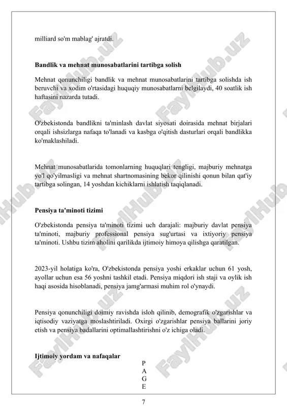 etiladi. ijtimoiy siyosatning istiqbollari inson kapitalini rivojlantirish, 2026-yilgacha maktabgacha taʼlim qamrovini 80%ga, oliy taʼlim qamrovini 50%ga yetkazish orqali taʼlim sifatini oshirishni nazarda tutadi. kelajakda nogironligi boʻlgan shaxslarni ijtimoiy hayotga integratsiya qilish, ularning bandligini 30%ga oshirish va inklyuziv taʼlimni rivojlantirish ijtimoiy siyosatning muhim yoʻnalishlaridan biri boʻladi. xulosa davlatning ijtimoiy siyosati aholining farovonligini oshirish, ijtimoiy himoyani kuchaytirish va jamiyatda tenglikni ta'minlashga qaratilgan muhim vositadir. foydalanilgan adabiyotlar 1. davlatning ijtimoiy siyosati: nazariya va amaliyot / mualliflar jamoasi. – toshkent: iqtisodiyot, 2020. 2. ijtimoiy siyosat: darslik / a. azizxo'jayev tahriri ostida. – toshkent: o'zbekiston milliy ensiklopediyasi davlat ilmiy nashriyoti, 2018. 3 ( 0 0 0 ) ( 7 )