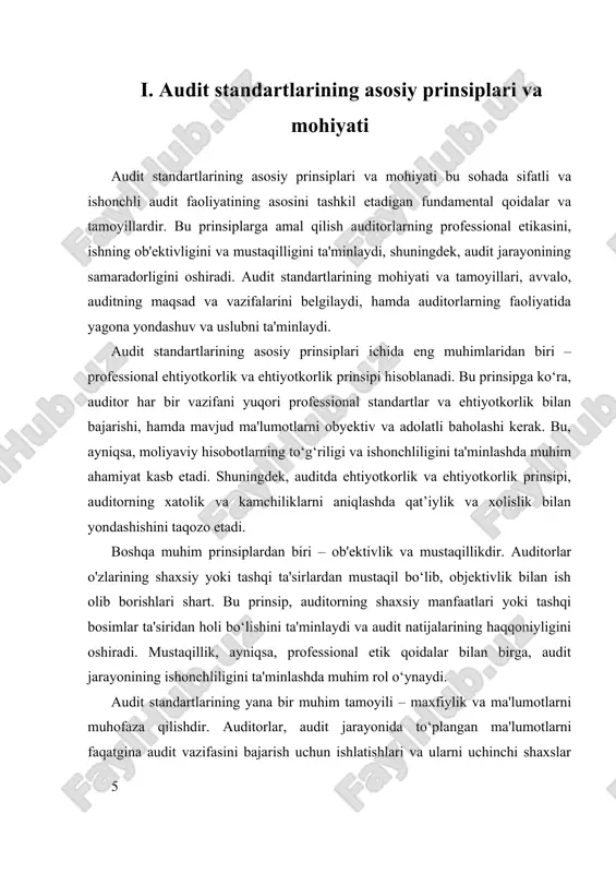 r. auditorlar, standartlar doirasida, tekshirish uchun kerakli hujjatlarni, ma’lumotlarni va dalillarni to‘plashga intiladi. bu jarayonda, audit testlari, nazorat testlari va dalillarni to‘plash usullari standartlar bilan tartibga solinadi. masalan, auditda materiallik va xavf-xatarning baholash mezonlari, muayyan standartlar asosida aniqlanadi, bu esa audit natijalarining haqqoniyligini ta’minlaydi. uchinchidan, standartlar audit hisobotining tayyorlanishi va taqdim etilishida muhim rol o‘ynaydi. auditorlar, standartlarga muvofiq, hisobotda topilmalari, tavsiyalari va xulosalarini aniq va tushunarli tarzda ifoda etadilar. bu esa, foydalanuvchilarga, ya’ni investorlar, banklar yoki davlat organlariga, audit natijalariga ishonch hosil qilish imkonini beradi. standartlar, shuningdek, etika me’yorlariga rioya qilishni ta’minlaydi, bu esa, auditorlarning obro‘ini va professionallikni oshiradi. amaliyotda, standartlarning qo‘llanilishi qiyinchiliklar va muammolar bilan ham to‘qnash keladi. ba’zan, audit kompaniyalari yoki auditorlar, standartlarni to‘liq tushunmasliklari yoki ularni amalda qo‘llashda qiyinchiliklarga duch kelishlari mumkin. bu, ayniqsa, texnologik rivojlanish va raqamli ma’lumotlarning ko‘payishi bilan bog‘liq yangi vazifalar uchun muhimdir. raqamli texnologiyalar va avtomatlashtirilgan audit vositalarining joriy etilishi, standartlarning yangilanishi va …