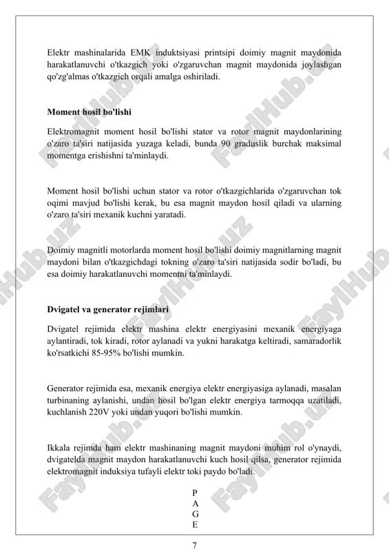 utish tizimlari odatda 3 asosiy turga bo'linadi: havo bilan sovutish (tabiiy yoki majburiy ventilyatsiya), suyuqlik bilan sovutish va vodorod bilan sovutish, samaradorlik 95-98% gacha bo'lishi mumkin. sovutish tizimlarining asosiy vazifasi - elektr mashinasining izolyatsiyasini buzilishidan saqlash, chunki haddan tashqari qizish izolyatsiya materiallarining xususiyatlarini o'zgartirishi mumkin, optimal harorat 40-60°c bo'lishi kerak. xulosa xulosa qilib aytganda, elektromagnit induksiya printsipi asosida ishlovchi mashinalar, masalan, generatorlar va motorlar, elektr energiyasini mexanik energiyaga yoki aksincha o'zgartiradi. umumiy tuzilishda stator (harakatsiz qism) va rotor (harakatlanuvchi qism) mavjud bo'lib, ular orasidagi magnit maydon energiyani uzatishda muhim rol o'ynaydi, samaradorlik 85-95% gacha bo'lishi mumkin. elektrotexnika mashinalarining ishlash prinsipi faradey qonuniga asoslangan bo'lib, unda o'zgaruvchan magnit maydon elektr kuchlanishni hosil qiladi va bu jarayon mashinaning 50 hz yoki 60 hz chastotada ishlashiga imkon beradi. xulosa elektrik mashinalar umumiy tuzilishi va ishlash prinsipi elektromagnit induksiya asosida energiya konvertatsiyasini amalga oshiradi, rotor va statordan iborat. foydalanilgan adabiyotlar 1. chapman, s. j. …