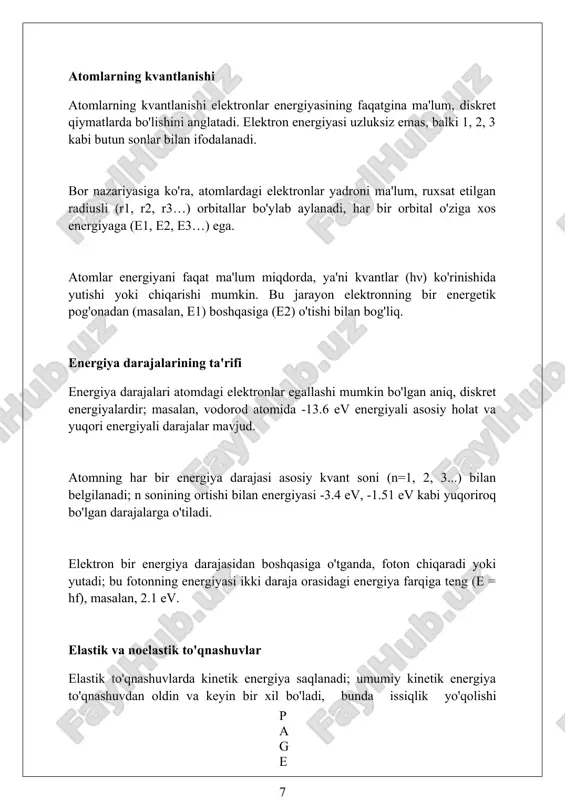 i yo'qotib, atomlarni qo'zg'atishi mumkinligini ko'rsatdi. tajriba natijalari klassik fizikani rad etdi va bor atom modelini tasdiqladi, atomlar energiyani 10.2 ev yoki undan katta miqdorda o'zlashtirishi va chiqarishi mumkinligini aniqladi. frank-hertz tajribasi atomlarning energiyalari uzluksiz emas, balki 2.1 ev kabi ma'lum, diskret qiymatlarga ega ekanligini ko'rsatib, kvant mexanikasining asosiy tushunchalaridan birini namoyon etdi. xulosa frank-herts tajribasi atomlarning energiya darajalari kvantlanganligini tasdiqlaydi va elektronlar ma'lum qiymatlarda energiyani yutishini ko'rsatadi. foydalanilgan adabiyotlar 1. franck, j., hertz, g. (1914). über zusammenstöße zwischen elektronen und molekülen des quecksilberdampfes und die ionisierungsspannung desselben. verhandlungen der deutschen physikalischen gesellschaft, 16, 457-467. 2. franck, j., hertz, g. (1914). über die anregung von spektrallinien durch elektronenstoß ( 0 0 0 ) ( 7 )