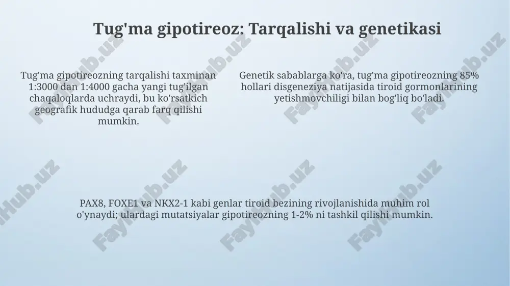 vishini nazorat qilish uchun zarur bo'lgan dozani aniqlashda muhim ahamiyatga ega. genetik kasalliklarni boshqarish: skrining va maslahat genetik maslahat oilaga 25-50% kasallikni o'tkazish xavfini baholash va reproduktiv imkoniyatlar haqida ma'lumot beradi. genetik skrining yangi tug'ilgan chaqaloqlarda kasallikni aniqlash uchun 36-50ta gen kasalliklarini aniqlaydi va erta davolash imkoniyatini beradi. farmakogenetik testlar dori vositalariga bo'lgan individual javoblarni tahlil qilib, 10-20%gacha nojo'ya ta'sirlarni kamaytiradi. kelajakdagi tadqiqotlar va terapevtik imkoniyatlar konjenital gipotireoz uchun yangi terapevtik imkoniyatlar yangi l-tiroksin formulalarini o'z ichiga oladi, ularning maqsadi emishni yaxshilash va 0-5 yoshdagi bolalarda dozani optimallashtirishdir. kelajakdagi tadqiqotlar gen terapiyasi yordamida gen kasalliklarini to'g'rilashga qaratiladi, shu jumladan crispr texnologiyasi bilan aniq o'zgartirishlar 2030 yilga qadar. farmakogenetika shaxsiy dori vositalarini optimallashtiradi; klinik sinovlar dori samaradorligini genetik markerlar bilan bog'lashga qaratilgan bo'lib, maqsad 2025 yilga qadar aniqlik tibbiyotidir. xulosa xulosa shuni ko'rsatadiki, genetik kasalliklar, tug'ma gipotireoz, marfan sindromi va farmakogenetika inson salomatligiga sezilarli ta'sir ko'rsatadi va erta tashxis muhim. farmakogenetik …