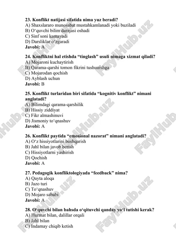 o‘z fikrini xotirjam, lekin qat’iy bildirish b) har doim jim qolish c) tajovuz bilan gapirish d) boshqalarning fikrini rad etish javobi: a 52. konfliktni hal etishda “empatiya” qanday rol o‘ynaydi? a) qarshi tomonni tushunishga yordam beradi b) mojaroni kuchaytiradi c) vaziyatni murakkablashtiradi d) muloqotni uzadi javobi: a 53. pedagogik muhitda konfliktning eng keng tarqalgan sababi — a) baholashdagi adolatsizlik b) o‘quv dasturi og‘irligi c) darslik yetishmasligi d) texnik nosozlik javobi: a 54. konfliktni boshqarish usullari nechta asosiy turga bo‘linadi? a) 2 ta b) 3 ta c) 4 ta d) 5 ta javobi: d 55. konfliktning “konstruktiv” turi nimani bildiradi? a) ijobiy natija keltiruvchi mojaro b) halokatli mojaro c) qattiq to‘qnashuv d) asossiz janjal javobi: a 56. “destruktiv konflikt” bu — a) salbiy oqibatlarga olib keluvchi mojaro b) fikr almashinuvi orqali yechim topuvchi mojaro c) hamkorlikni kuchaytiruvchi mojaro d) tinch muhitni saqlovchi jarayon javobi: a 57. konfliktning “resurs” sifatida ko‘rilishi deganda …
