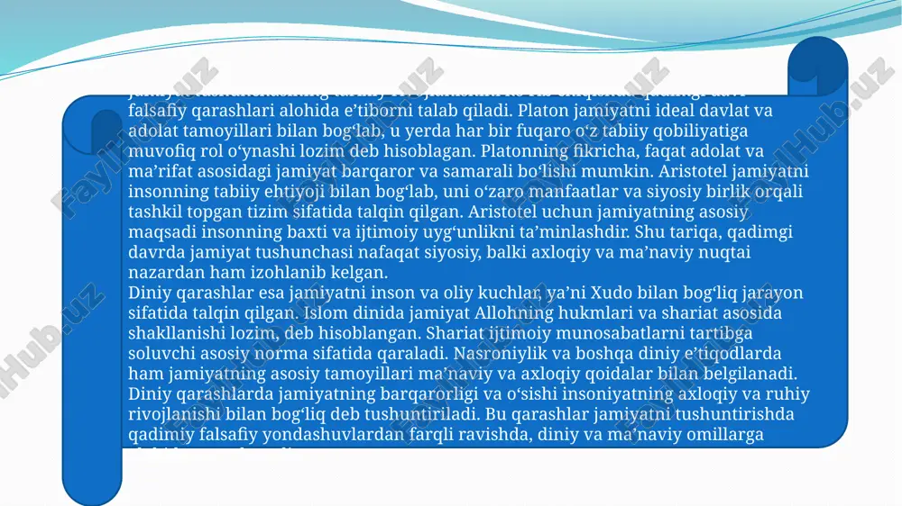, ilmiy va interdisiplinar yondashuvlar orqali amalga oshirilgan. zamonaviy davrda jamiyat tushunchasi globalizm, postmodernizm va texnologik taraqqiyot kontekstida yangi mazmun kasb qilgan. internet, ijtimoiy tarmoqlar va raqamli platformalar jamiyatning shakllanishini yangi bosqichga olib chiqmoqda. jamiyat endi nafaqat mahalliy, balki global tizim sifatida talqin qilinmoqda, va u inson huquqlari, demokratik institutlar va ijtimoiy adolat bilan uzviy bog‘liq. shu tariqa, jamiyat tushunchasi texnologik, ijtimoiy va madaniy o‘zgarishlar bilan doimiy ravishda dinamik rivojlanmoqda. jamiyatning paydo bo‘lishiga oid qarashlarning dinamikasi qadimgi davr falsafiy va diniy yondashuvlardan zamonaviy ilmiy va texnologik yondashuvlargacha bo‘lgan o‘tish jarayonini ko‘rsatadi. qadimgi davrda jamiyat tushunchasi inson tabiati va diniy tamoyillar bilan bog‘langan bo‘lsa, o‘rta asr va yangi davr falsafiy tafakkurida ijtimoiy shartnoma, huquq va siyosiy institutlar ustuvor ahamiyat kasb etgan. xix–xx asrlarda ilmiy yondashuvlar, sotsiologik, antropologik va psixologik qarashlar jamiyatni tizimli va kompleks tushunishga yordam bergan bo‘lsa, zamonaviy davr texnologiya, globalizm va ijtimoiy institutlar orqali jamiyatning yangi shakllarini va uning …