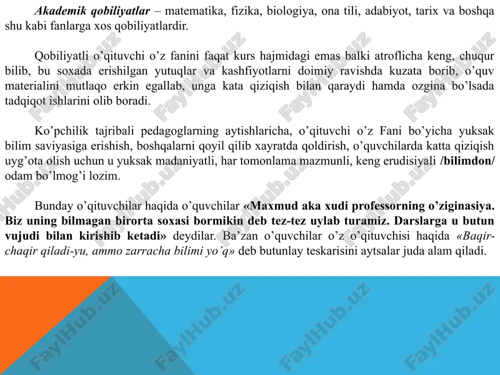 qilardik» degan fikrlarni izxor qiladilar. diqqatni taqsimlay olish qobiliyati – bu qobiliyat bir vaqtning o’zida diqqatni bir qancha faoliyatga qarata olishda namoyon bo’lib, o’qituvchi ishida g’oyat muxim axamiyatga egadir. qobiliyatli, tajribali o’qituvchi o’zining diqqat-e’tiborini o’quv materialining qanday bayon etilishiga, uning mazmuniga, o’z fikrlarini atroflicha qilib qanday ochib berishga yoki o’quvchi fikriga baralla qaratadi va shu bilan bir vaqtning o’zida barcha o’quvchilarni kuzatib, ularning toliqqan-toliqmaganligiga, e’tiborli yoki e’tiborsizligiga, darsni tushinish-tushunishmasligiga e’tibor berib, o’quvchining intizomini kuzatadi hamda, oqibat natijada o’zining shaxsiy-xulq atvoriga /yurish-turishga, o’zini tutishiga mimika va pontamimikasiga/ e’tibor beradi. tajribasiz o’qituvchi, ko’pincha o’quv materialini bayon etishga berilib ketib, o’quvchilarning nima qilayotganliklarini sezmay qoladi va nazoratdan chiqarib quyadi, agar, bordiyu, o’quvchilarni diqqat -e’tibor bilan kuzatishga xarakat qilsa, bunday hollarda o’z bayonotining izchilligini yo’qotib qo’yadi. yuqorida ko’rsatib o’tilgan qobiliyatlardan tashqari, o’qituvchi inson shaxsining maqsad sari intilishi, uddaburonlik, mehnatsevarlik, kamtarinlik kabi qator ijobiy xislatlariga ega bo’lishi lozim. u talabalarni tarbiyalar ekan, o’zining xulq-atvori, yurish-turishi, …