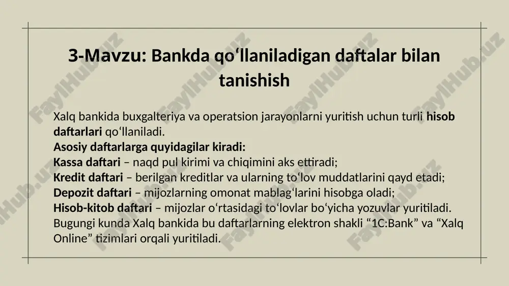 sh; to‘lov topshiriqlari holatini kuzatish; mablag‘ o‘tkazmalari to‘g‘risida tezkor ma’lumot olish; xodimlar ish haqi o‘tkazmalari bo‘yicha nazorat. bu xizmat korxonalarning moliyaviy intizomini mustahkamlaydi va hisob yuritishda shaffoflikni ta’minlaydi. 12-mavzu: yuridik shaxslar uchun sms-xabarnoma xizmat turini o‘rganish 13-mavzu: tijorat banklarining operatsiyalari bilan tanishish xalq banki – o‘zbekistonning eng yirik tijorat banklaridan biri bo‘lib, keng turdagi bank operatsiyalarini amalga oshiradi. asosiy operatsiyalar: aktiv operatsiyalar: kredit berish, investitsiya kiritish, lizing xizmatlari; passiv operatsiyalar: omonatlar qabul qilish, qimmatli qog‘ozlar chiqarish; hisob-kitob operatsiyalari: pul o‘tkazmalari, to‘lov topshiriqlari, valyuta ayirboshlash; kassa operatsiyalari: naqd pul qabul qilish va berish. xalq bankining samarali operatsion faoliyati moliya bozoridagi barqarorlikni ta’minlaydi va mijozlar ishonchini oshiradi. xalq bankida buxgalteriya hisobi milliy va xalqaro standartlar asosida yuritiladi. ammo ayrim hollarda texnik yoki inson omili sababli xato yozuvlar paydo bo‘lishi mumkin. tuzatish tartibi: xato aniqlangandan so‘ng tegishli buxgalter yozuvlari tahlil qilinadi; “tuzatish o‘tkazmasi” orqali to‘g‘ri ma’lumot kiritiladi; hisob registrlari qayta tekshiriladi; audit bo‘limi …