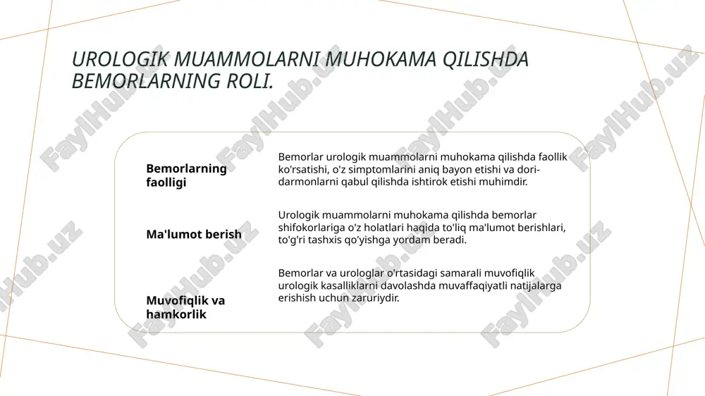 02 diagnostika jarayoni urologik kasalliklarni aniqlash uchun laboratoriya tadqiqotlari, masalan, siydik analizi va qon tahlillari, diagnostika jarayonining asosiy qismini tashkil etadi. 03 davolash rejalari laboratoriya tadqiqotlari natijalari urologlar uchun bemorlarning holatini baholash va individual davolash rejalarini ishlab chiqishda muhim ma'lumotlarni taqdim etadi. urologik muammolarni davolashda innovatsion texnologiyalar. 1 innovatsion usullar - urologik muammolarni davolashda laser terapiyasi va robotik jarrohlik kabi innovatsion usullar qo'llaniladi, bu esa jarrohlik jarayonlarini ancha soddalashtiradi. 2 telemeditsina - telemeditsina orqali bemorlar urologlarga masofadan turib murojaat qilishlari mumkin. bu, ayniqsa, qishloq joylarda yashovchi bemorlar uchun qulaylik yaratadi. 3 3d bosib chiqarish - 3d bosib chiqarish texnologiyalari urologik implantlar va protezlarni tayyorlashda qo'llaniladi. bu texnologiya individual bemor ehtiyojlariga mos keladigan yechimlar taqdim etadi. 4 sun'iy intellekt - sun'iy intellekt urologik kasalliklarni aniqlash va tashxis qo'yishda yordam beradi, bu esa davolash jarayonini tezlashtiradi va to'g'riligini oshiradi. bemorlar bilan ishlashda individual yondashuv va uning natijalari. 1 shaxsiy yondashuv urologlar bemorlarning …
