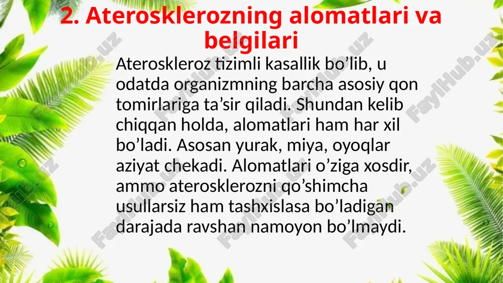 funksional zo‘riqishida kuzatiladi. moxiyati bo‘yicha aterosklerozni va gipertoniya kasalligini yurak formasi va stenokardiya, miokard infarkti, infarkdan so‘ng yirik o‘choqli yoki aterosklerotik mayda o‘choqli kardioskleroz bilan ifodlanadi. eʼtiboringiz uchun rahmat! eʼtiboringiz uchun rahmat! image1.jpeg image2.jpeg image3.jpeg image4.jpeg image5.jpeg image6.jpeg image7.jpeg image8.jpeg image9.jpeg image10.jpeg image11.jpeg image12.jpeg image13.jpeg