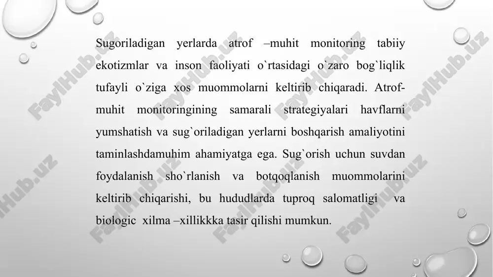 ishlab chiqish bo'yicha qarorni to'g'ri tanlash zarurati bilan bog'liq. amalga oshirilayotgan chora-tadbirlarning tabiati yerning holati va foydalanishida sodir bo'lgan o'zgarishlarning turlari, xarakteri va darajasiga bog'liq. yer monitoringining to‘rtinchi kichik tizimi– ma’lumotlar bazasini shakllantirish – olingan kuzatish natijalarini qayta ishlash, yerlarning holati va ulardan foydalanishda aniqlangan jarayonlarning belgilangan tendentsiyasi va aniqlangan jarayonlarni baholash natijalarini o‘z ichiga oladi. ro'yxatda keltirilgan barcha ma'lumotlar er monitoringi ma'lumotlar bazasini tashkil qiladi. bu yerda ma'lumotlar uning turlari bo'yicha tizimlashtiriladi, saqlanadi, kerak bo'lganda yangilanadi va manfaatdor foydalanuvchilarga beriladi. image2.png image3.png image1.png /docprops/thumbnail.jpeg