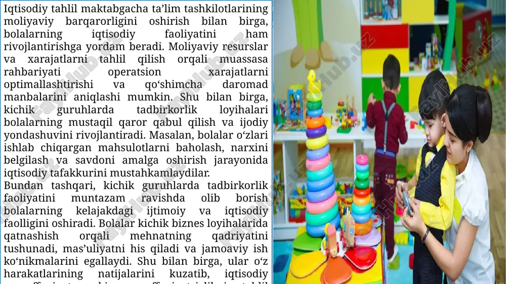 r bolalarining tayyorlagan mahsulotlarini ko‘rish, loyiha jarayonida ishtirok etish orqali muassasa faoliyatini qo‘llab-quvvatlaydi. bu esa muassasada ijtimoiy muhitni yaxshilash va moliyaviy barqarorlikni oshirishga yordam beradi. kichik guruhlarda tadbirkorlikni rivojlantirish jarayonida bolalar bilan muntazam faoliyat olib borish tavsiya etiladi. bu jarayon quyidagi bosqichlarda amalga oshiriladi: birinchidan, bolalar bilan loyiha g‘oyasini muhokama qilish va reja tuzish; ikkinchidan, zarur materiallar va resurslarni tayyorlash; uchinchidan, loyiha bo‘yicha amaliy ishlarni bajarish; to‘rtinchidan, natijalarni baholash va tahlil qilish. shu bosqichlar orqali bolalar loyihani boshidan oxirigacha o‘rganadi va o‘z faoliyatining natijasini kuzatib boradi. amaliyot natijalarini tahlil qilishda muassasa rahbariyati moliyaviy va pedagogik indikatorlardan foydalanadi. masalan, loyiha xarajatlari va daromadlarini solishtirish, bolalarning faolligi va qiziqishini kuzatish, ota-onalarning fikr-mulohazalarini hisobga olish orqali tadbirkorlik faoliyati samaradorligi baholanadi. bolalar tomonidan amalga oshirilgan loyihalar kelajakda yanada murakkabroq va keng ko‘lamli tadbirkorlik loyihalarini rejalashtirishga asos bo‘lib xizmat qiladi. bundan tashqari, kichik guruhlarda iqtisodiy tadbirkorlikni rivojlantirish bolalarning kelajakdagi ijtimoiy va iqtisodiy faolligini oshiradi. ular …