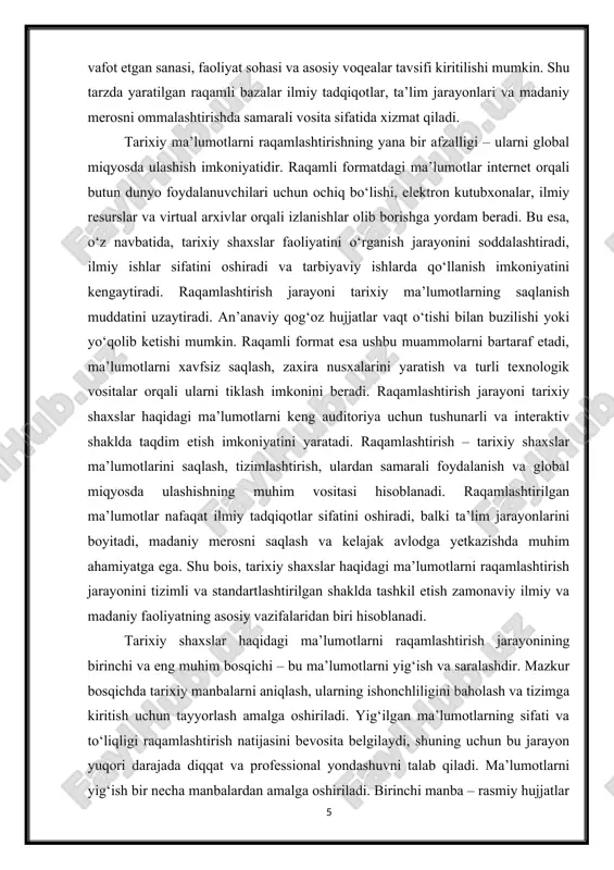 yoki madaniy merosdagi o‘rni bo‘yicha ajratish mumkin. bu jarayon raqamli bazada qidiruvni osonlashtiradi va foydalanuvchi uchun qulay interfeys yaratadi. ma’lumotlarni yig‘ish va saralashda zamonaviy texnologiyalardan foydalanish jarayonni tezlashtiradi va sifatini oshiradi. skanerlar, raqamli kamera va audio-video yozuv qurilmalari yordamida ma’lumotlarni elektron shaklga keltirish mumkin. kataloglashtirish va ma’lumotlar bazasini yaratishda maxsus dasturiy ta’minotlardan, masalan, bibliografik boshqaruv tizimlari yoki arxivlashtirish platformalaridan foydalanish samarali hisoblanadi. bu usullar nafaqat ma’lumotlarni saqlash va qidiruvni soddalashtiradi, balki ularni boshqa platformalar va tizimlar bilan integratsiya qilish imkonini beradi. ma’lumotlarni yig‘ish va saralash jarayoni – raqamlashtirishning asosiy va eng muhim bosqichi bo‘lib, u tarixiy shaxslar haqidagi ma’lumotlarning sifatini, ishonchliligini va foydalanishga yaroqliligini ta’minlaydi. yig‘ilgan va saralangan ma’lumotlar keyingi bosqichlarda raqamlashtirish, kataloglash va global arxiv tizimlariga integratsiya qilish uchun tayyor baza hosil qiladi. bu jarayon ilmiy tadqiqotlar va ta’lim jarayonlarida samarali foydalanish uchun mustahkam poydevor yaratadi. 2.tarixiy shaxslar ma’lumotlarini raqamlashtirishning afzalliklari va imkoniyatlari tarixiy shaxslar haqidagi ma’lumotlarni raqamlashtirish jarayoni …