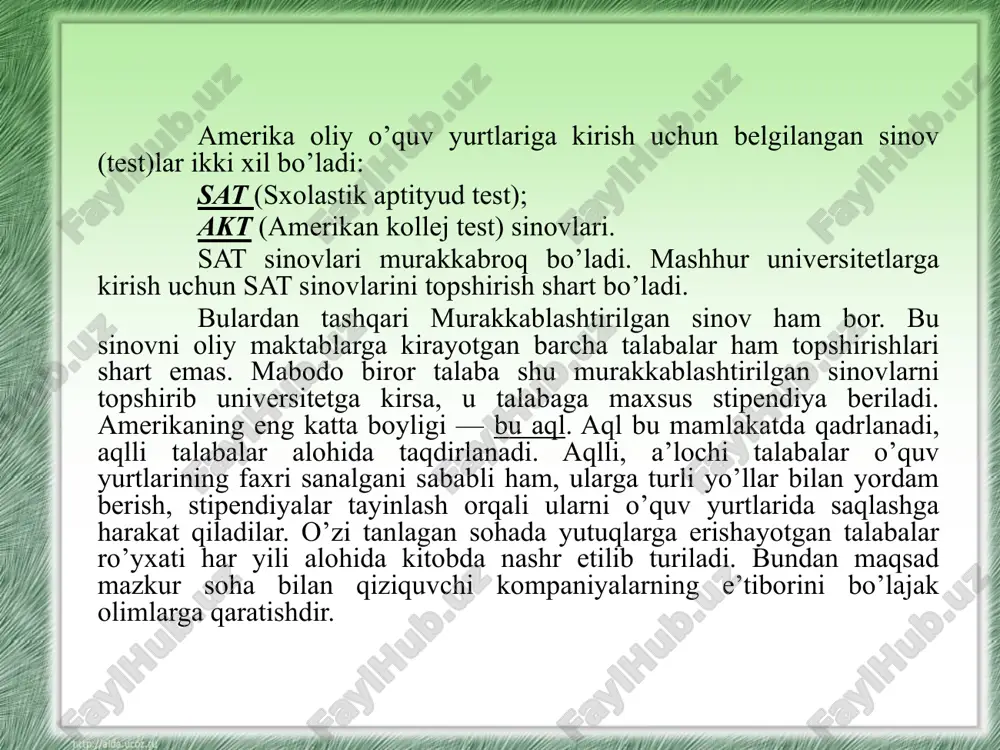 sning har tomonlama kamol topishini ta’minlash, uni mustaqil faoliyatga tayyorlash, bozor munosabatlari sharoitida o’quvchilarni tadbirkorlikka, ishbilarmonlik va omilkorlikka o’rgatish, shunga yarasha kasb-korga ega qilishdan iboratdir. bu yerda: davlat maktablari; xususiy maktablar; oraliq maktablari mavjud. fransiya ta’limida bolalarning go’daklik chog’idanoq maktabda o’qitish uchun tayyor holda olib kelish g’oyat muhim masala hisoblanadi. bu bosqichda tarbiyalanuvchilar quyidagicha tabaqalashtirilgan: kichik guruh (2-4 yosh), o’rta guruh (4-5 yosh), katta guruh (5-6 yosh). maktabga tayyorlov guruhi (5-6 yosh) bo’lib, ularga frantsiyada 100% shu yoshdagi bolalar qamrab olingan. bolalarni maktabga tayyorlash uchun alohida dastur va darsliklar mavjud. fransiyada boshlang’ich ta’lim maktablariga 6 yoshdan 11 yoshgacha bo’lgan bolalar jalb qilinadilar. boshlang’ich maktab bepul va majburiy. uning vazifasi o’qish, yozish, hisoblash malakasini berishdir. o’quv mashg’ulotlari ertalab soat 9 dan 12 gacha, hamda soat 14 dan 16 gacha 5 soat davom etadi. maktabda ovqatlanish pullik, lekin juda arzonlashtirilgan narxlarda. boshlang’ich sinflarda o’qish uch bosqichda amalga oshiriladi: tayyorlov bosqichi; elementar kurs …