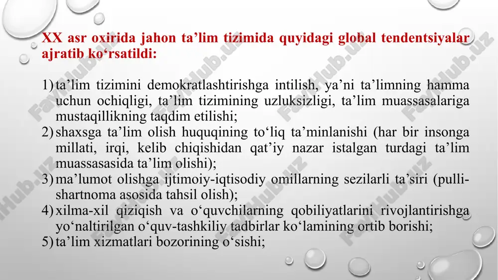 vlatlar ta’lim modelini taqqoslab ko‘ramiz. masalan: amerika modeli: kichik o‘rta maktab → o‘rta maktab → katta o‘rta maktab → 2 yillik kollej → universitet tizimidagi 4 yillik kollej → magistratura → doktorantura. fransiya modeli: onalar maktabi → o‘rta maktab → kollej → texnologik, kasbiy va umumta’lim litseyi → universitet → magistratura → doktorantura. germaniya modeli: umumiy maktab → real bilim yurti, gimnaziya va asosiy maktab → oliy o‘quv yurti → magistratura → doktorantura. angliya modeli: birlashgan maktab → grammatik va zamonaviy maktab → kollej → universitet, magistratura, doktorantura. rossiya modeli: umumta’lim maktabi → to‘liq o‘rta maktab, gimnaziya va litsey-kollej → institut, universitet, akademiya → magistratura → doktorantura. qozog‘iston modeli: to‘liq umumta’lim o‘rta maktab → kollej → universitet, akademiya (bakalavriat) → magistratura → doktorantura. demak, zamon va makon omillariga ko‘ra pedagogik tizimlar modelini taqqoslashda yangi pedagogik bilimlar yuzaga keladi. uning mazmunida quyidagilar aks etadi: ta’limning zamonaviy holatini qayd etish; ta’lim siyosatini …