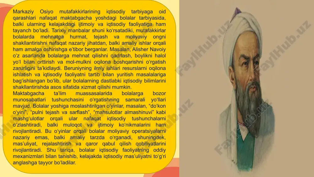 rning kelajakdagi iqtisodiy faoliyatiga tayanch bo‘ladi. bolalarni mehnatga jalb qilish orqali iqtisodiy tarbiyaning samaradorligini oshirish mumkin. misol uchun, bog‘dorchilik, kichik san’at loyihalari yoki oshxona faoliyati orqali bolalar resurslarni boshqarish, vaqtni tejash va ishni rejalashtirish ko‘nikmalarini rivojlantiradi. markaziy osiyo mutafakkirlarining tavsiyalari shuni ko‘rsatadiki, amaliy faoliyat bolalarda mas’uliyat hissini shakllantiradi, mehnatga hurmatni singdiradi va iqtisodiy ongni mustahkamlaydi. shu bilan birga, bolalar o‘zaro hamkorlikda ishlashni, natijani baholash va muammolarni hal qilishni o‘rganadilar. maktabgacha ta’limda iqtisodiy tarbiyani yanada samarali qilish uchun pedagoglar turli interaktiv metodlardan foydalanishlari mumkin. masalan, multfilm, hikoya, dramatik o‘yinlar orqali moliyaviy tushunchalarni tushuntirish bolalar diqqatini jalb qiladi va ularning bilimlarini uzoq muddatga saqlashga yordam beradi., kichik guruhlarda loyiha faoliyati tashkil qilish bolalarda mustaqil qaror qabul qilish, rejalashtirish va ijodiy fikrlash ko‘nikmalarini rivojlantiradi. shu yo‘l bilan bolalar bozor munosabatlari tushunchasini chuqurroq anglay boshlaydi, pulni boshqarish va tejashni amaliy tarzda o‘rganadi. designed by slidescarnival bolalar tarbiyasida ota-onalar bilan hamkorlik ham muhim o‘rin tutadi. …