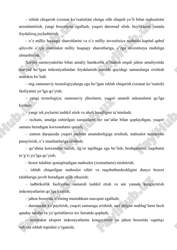 ridan-to’g’ri xorijiy investitsiyalar oqimini tubdan ko’paytirish imkonini berdi. prezidentimiz i.a.karimov ta’kidlaganlaridek, “2015 yilda ana shu maqsadlarga barcha moliyalashtirish manbalari hisobidan 15 milliard 800 million aqsh dollari miqdorida investitsiyalar jalb etildi va o’zlashtirildi. bu 2014 yilga nisbatan 9,5 foiz ko’p demakdir. jami investitsiyalarning 3 milliard 300 million dollardan ziyodi yoki 21 foizdan ortig’i xorijiy investitsiyalar bo’lib, shuning 73 foizi to’g’ridan-to’g’ri chet el investitsiyalaridir” . quyidagi 1-jadval ma’lumotlaridan ko’rinadiki, mamlakatimiz iqtisodiyotiga jalb etilgan xorijiy investitsiyalarning umumiy hajmida to’g’ridan-to’g’ri xorijiy investitsiyalarning salmog’i 2007-2015 yillarda o’sish tendentsiyasiga ega bo’lgan. bu iqtisodiyotni modernizatsiya qilish nuqtai nazaridan ijobiy holat hisoblanadi. 1-jadval o’zbekiston respublikasi iqtisodiyotiga jalb etilgan xorijiy investitsiyalarning dinamikasi (foiz hisobida) iqtisodiyot tarmoqlari yillar 2007 2009 2011 2013 2015 xorijiy investitsiyalarning jami investitsiyalar hajmidagi salmog’i 24,5 35,4 23,5 23,1 21 to’g’ridan-to’g’ri xorijiy investitsiyalarning jami investitsiyalar hajmidagi salmog’i 20,6 30,5 21,2 16,9 15,2 to’g’ridan-to’g’ri xorijiy investitsiyalarning jami xorijiy investitsiyalar hajmidagi salmog’i 84,0 86,2 78,8 72 73 biroq, …