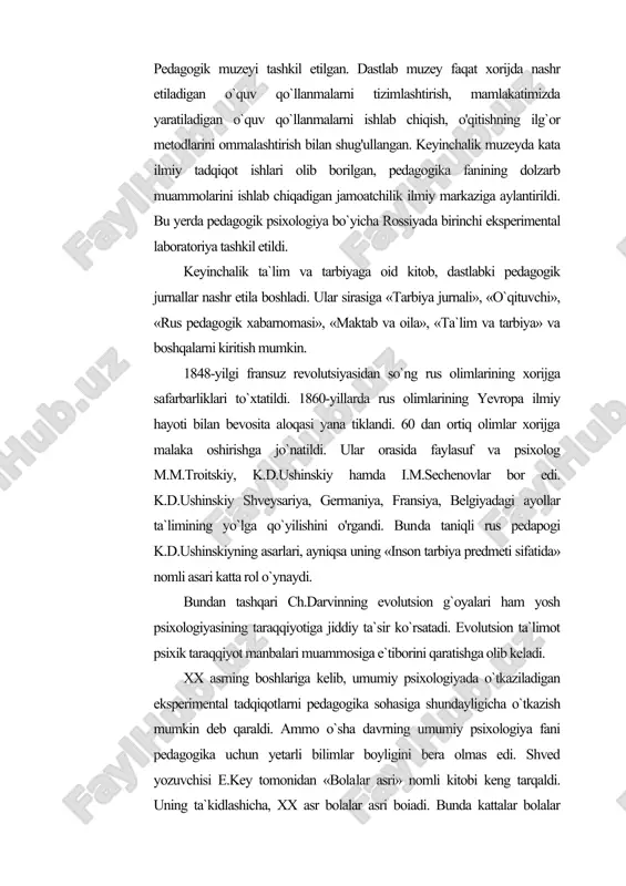 a bolalar va pedagogik psixologiya muam​molarini o`rganish bo`yicha laboratoriyalar, jurnallar tashkil etil​di. 1896-yilda leypsigda «bolani tadqiq qilish» jurnali, 1899-yilda leypsigda «pedagogik psixologiya, gigiyena va patologiya» jurnali, 1905-yilda leypsigda «eksperimental pedagogika» jurnali (1911-yildan «pedagogik psixologiya jurnali» sifatida nashr etila boshladi). 1901 -yilda rossiyada birinchi eksperimental pedagogik laboratoriya peterburgda a.p.nechayev rahbarligida tashkil etildi. 1906-yilda peterburgda pedagogik psixologiya bo`yicha i syezd chaqirildi. pedagogik psixologiya namoyandalari — a.p. ne​chayev, n.e. rumyansev va boshqalar pedagogik adabiyotlarni keskin tanqid qilib chiqdilar. psixologiyani pedagogik amaliyot bilan yaqinlashtirish eksperimental tadqiqotlarni ta`lim-tarbiya jarayonining o`zida o`tkazish orqaligina mumkin degan muhim xulosa chiqarildi. ya`ni eksperimental ma`lumotlar tashqaridan emas, balki psixologik-pedagogik tadqiqotning o`zidan olinishi kerak, degan xulosaga kelinadi. bu maqsadni amalga oshirish uchun esa yosh va pedagogik psixologiyaning muhim nazariy, metodologik masalalarini hal qilishning to`g`ri yo`llarini izlab topish lozim edi. shu tufayli psixik taraqqiyotning manbalari va uning ta`lim jarayoniga munosabati masalasi yosh va pedagogik psixologiyaning markaziy muammosi bo`lib qoladi. 1879-yilda i.a.sikorskiy tomonidan …